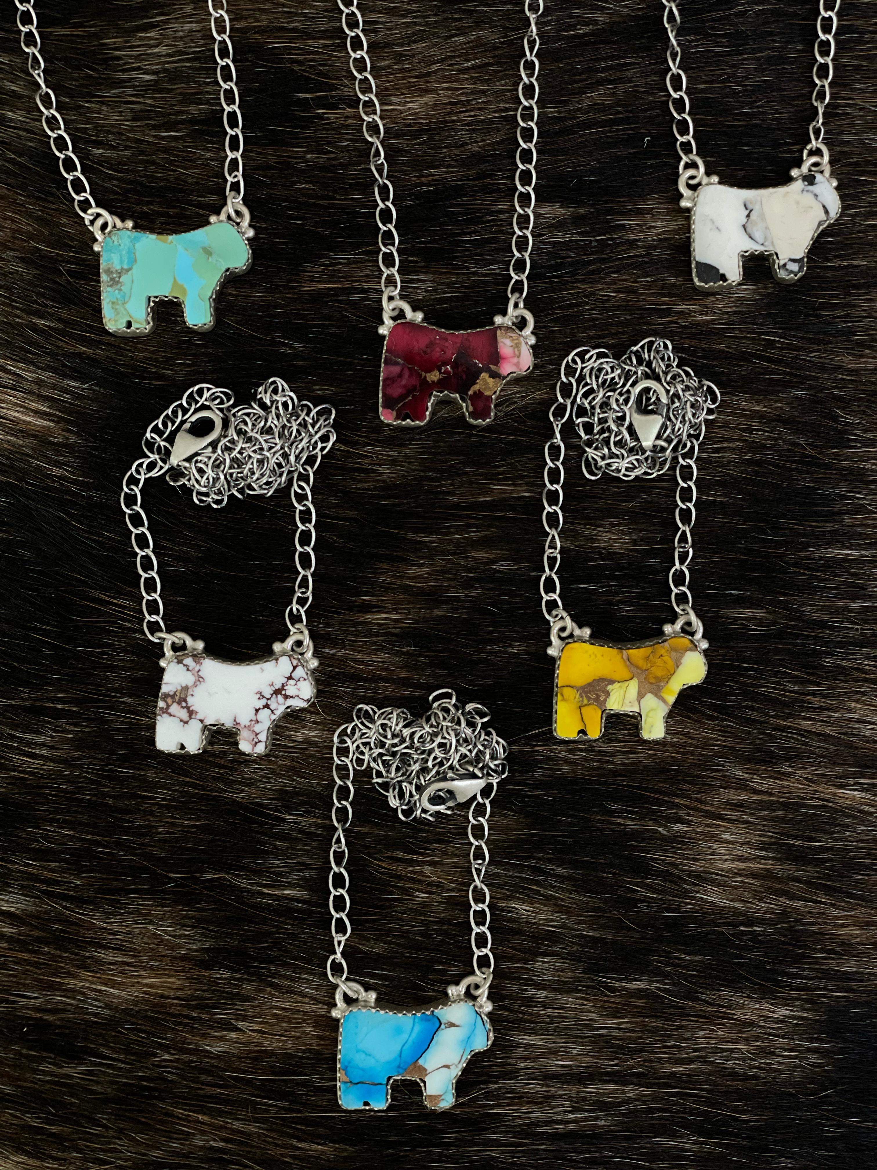 Handmade Sterling Silver Multi Gemstone Bull Necklace with Signed Nizhoni