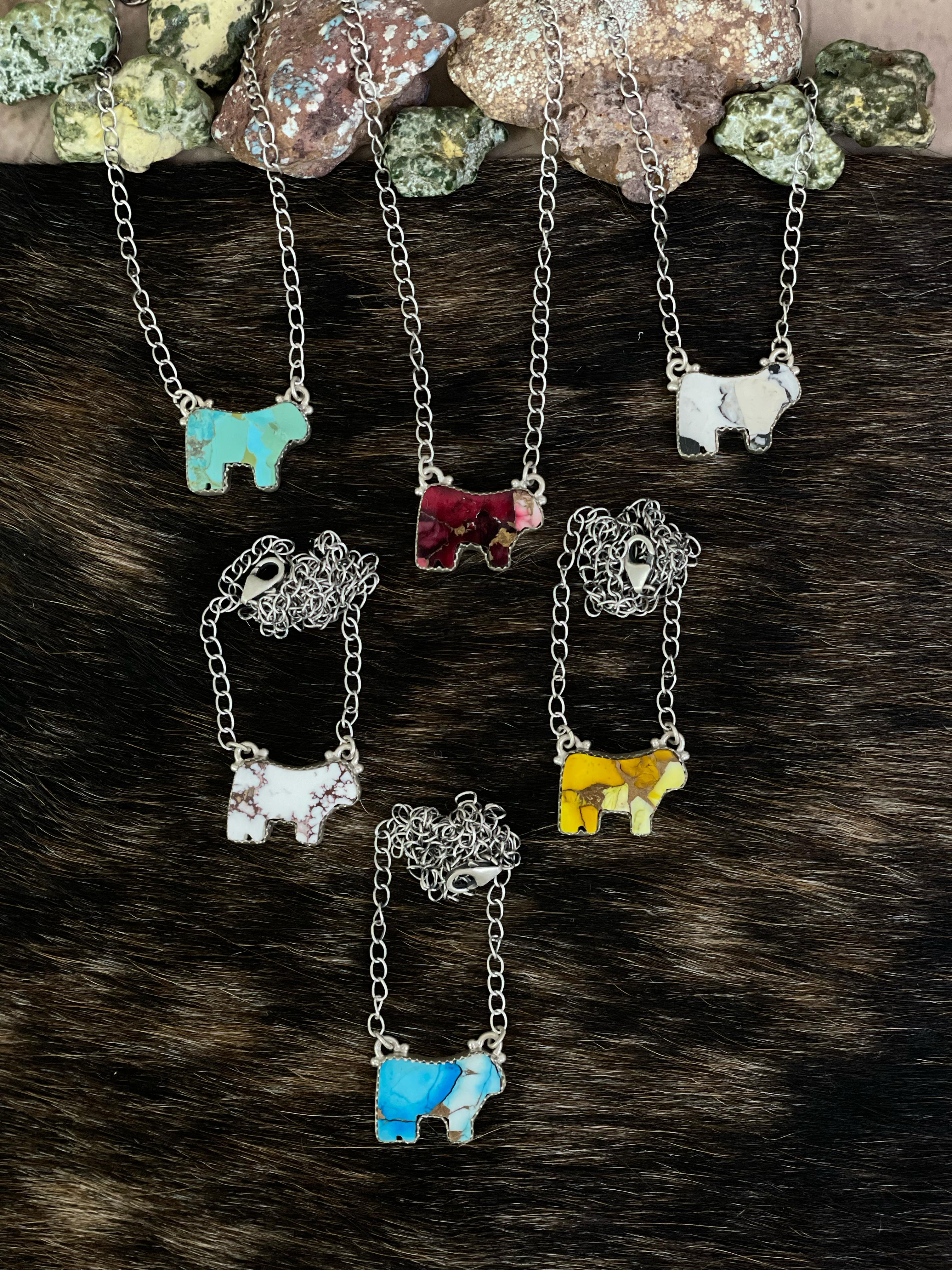 Handmade Sterling Silver Multi Gemstone Bull Necklace with Signed Nizhoni