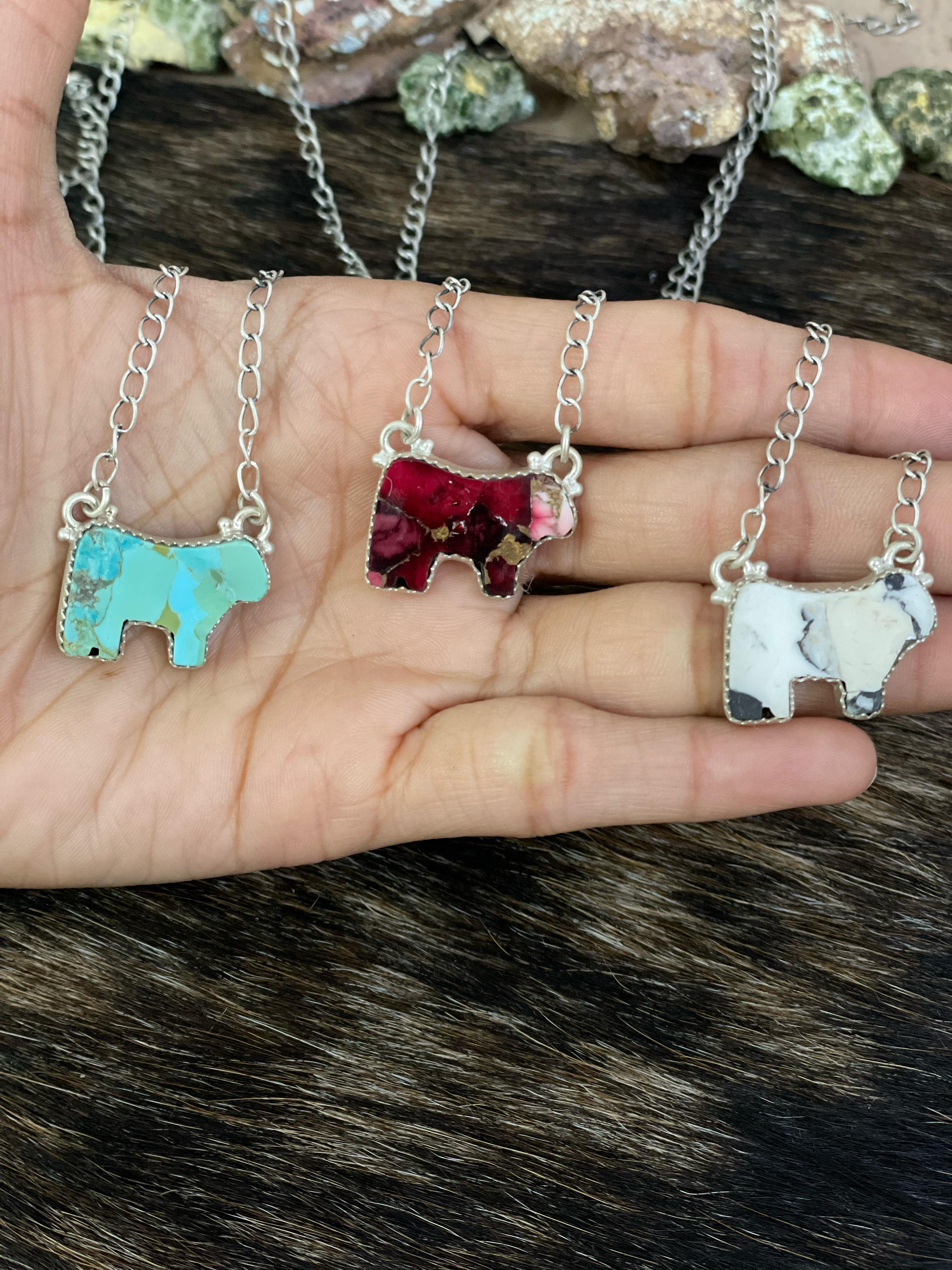 Handmade Sterling Silver Multi Gemstone Bull Necklace with Signed Nizhoni