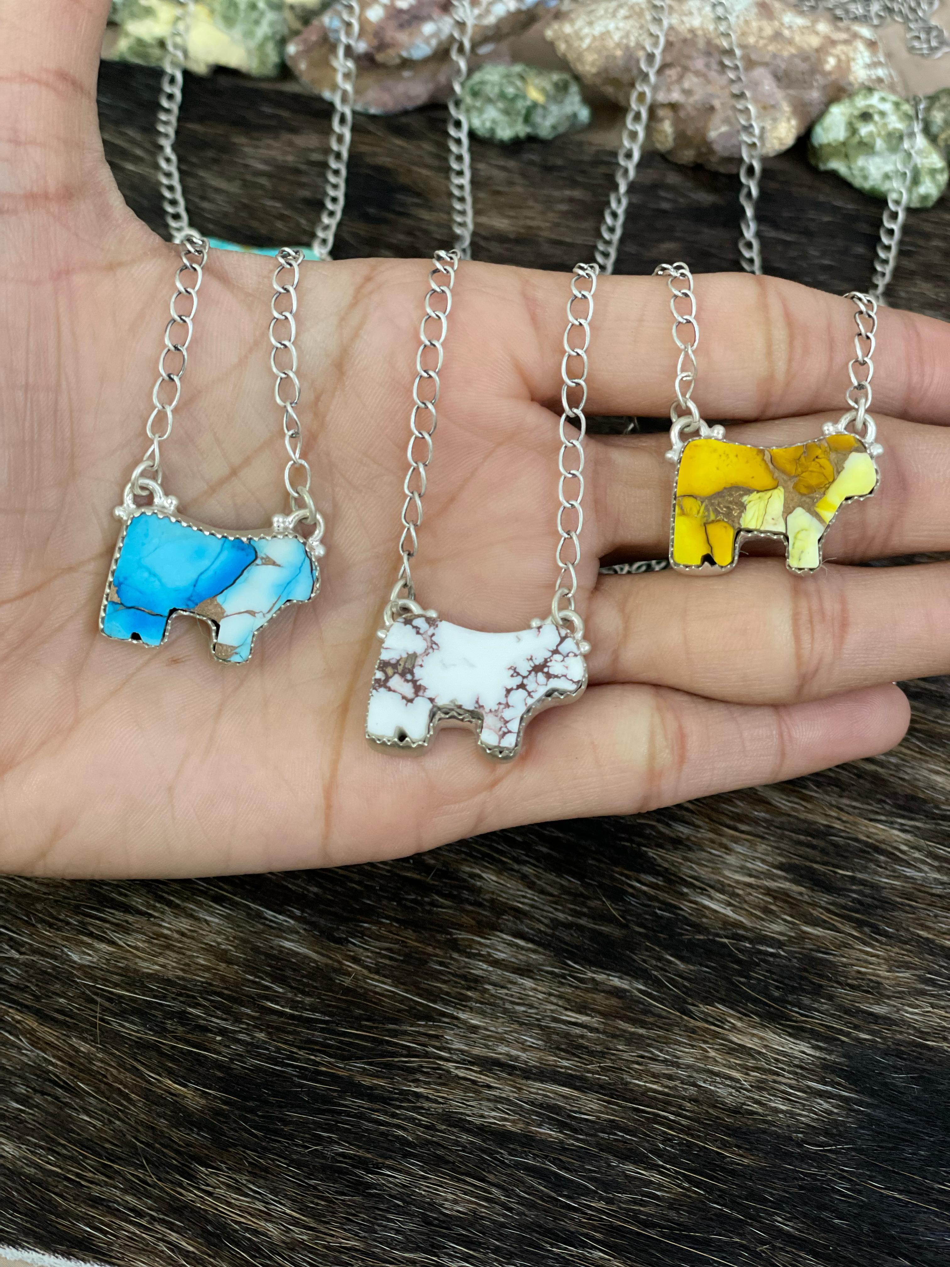 Handmade Sterling Silver Multi Gemstone Bull Necklace with Signed Nizhoni