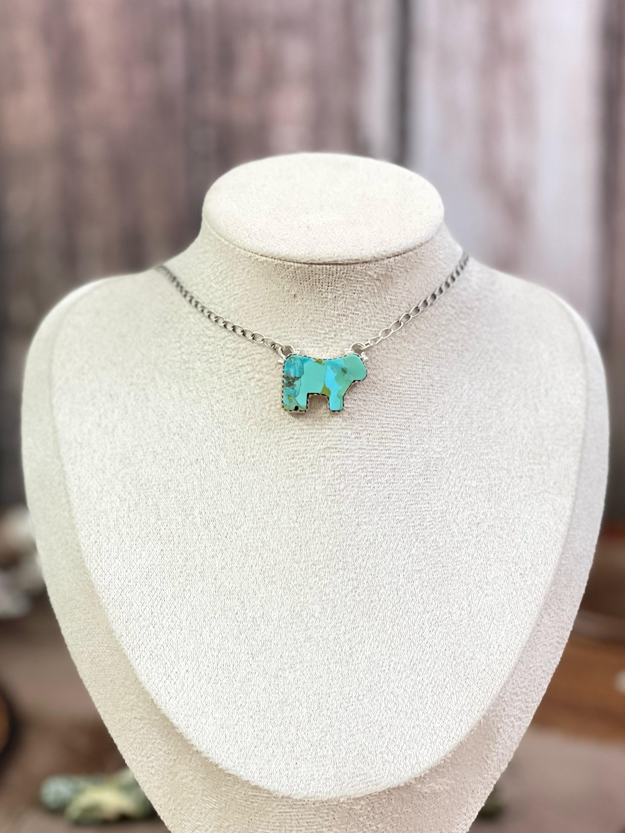 Handmade Sterling Silver Multi Gemstone Bull Necklace with Signed Nizhoni