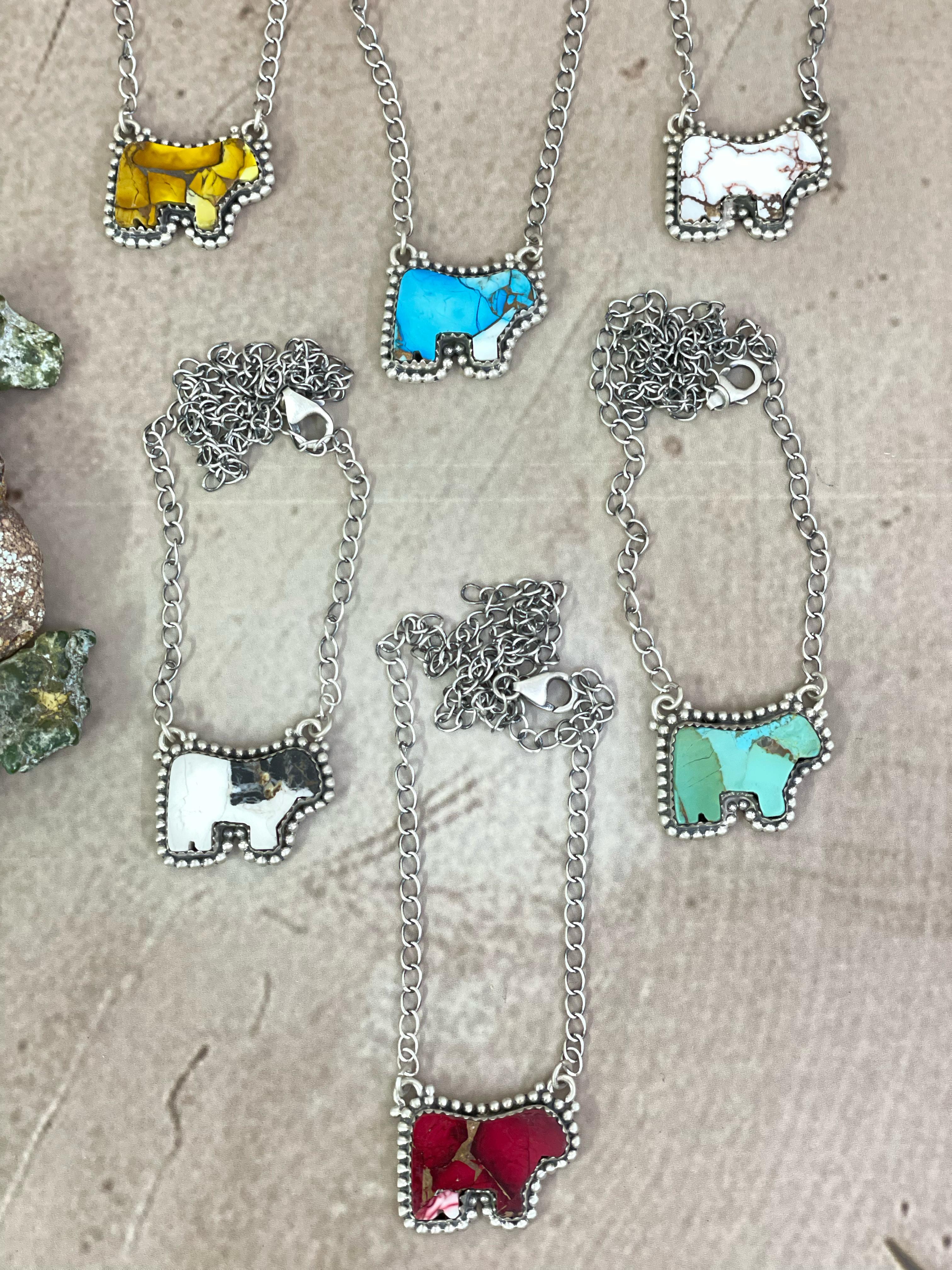 Handmade Sterling Silver Multi Gemstone Bull Necklace with Signed Nizhoni