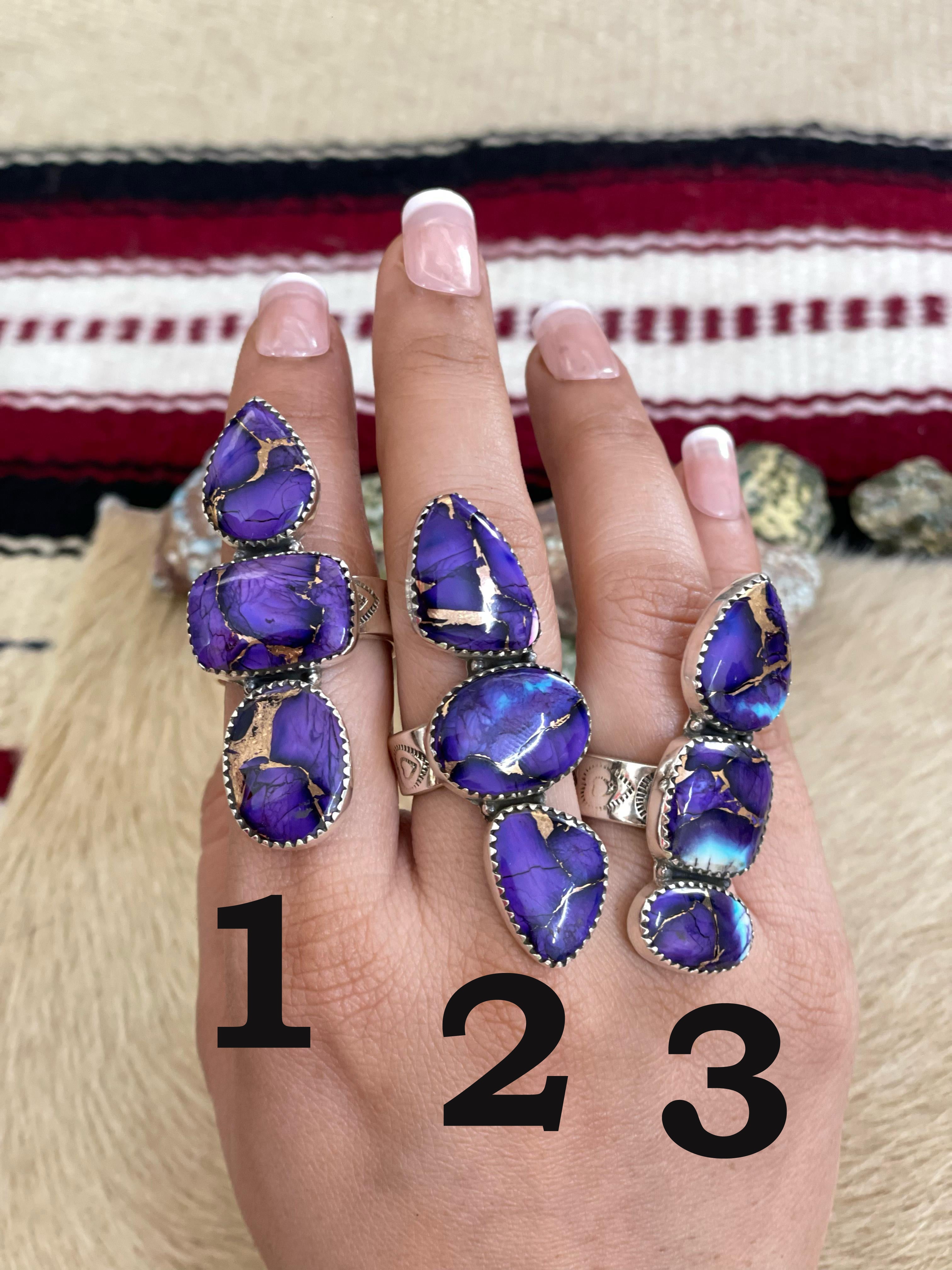 Handmade Sterling Silver Grape Dahlia Adjustable Ring with Signed Nizhoni