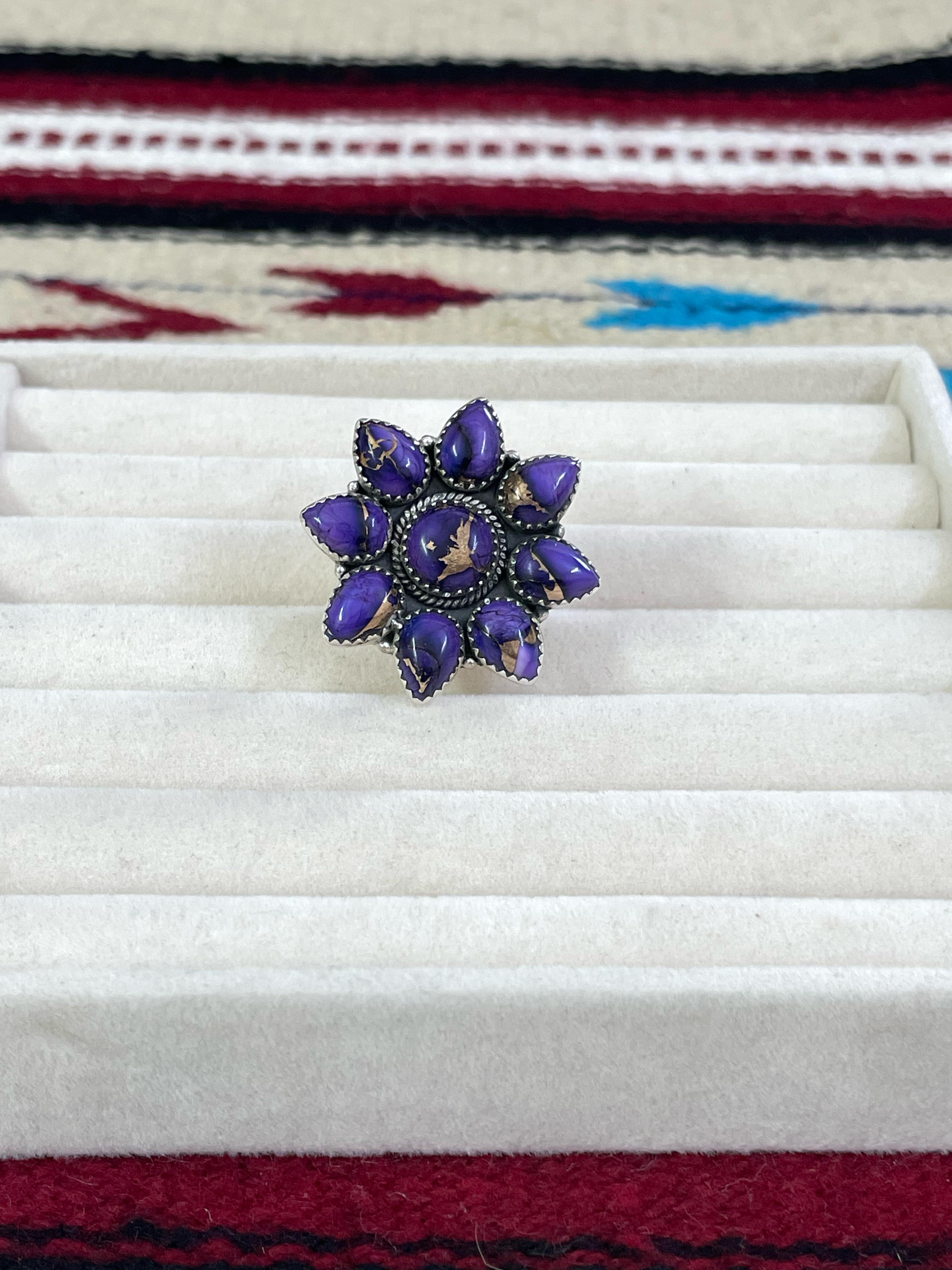 Handmade Sterling Silver Grape Dahlia Adjustable Ring with Signed Nizhoni