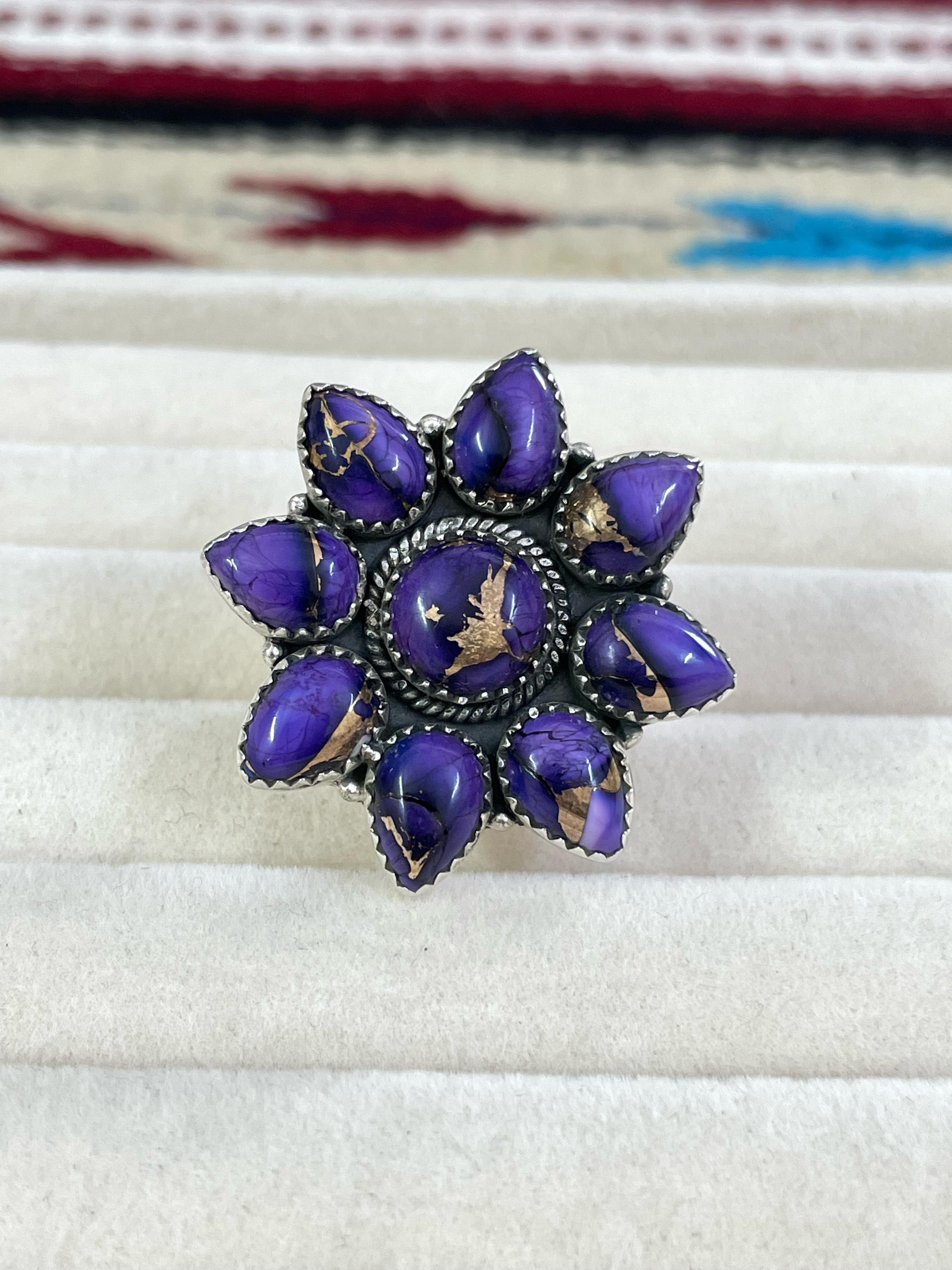 Handmade Sterling Silver Grape Dahlia Adjustable Ring with Signed Nizhoni