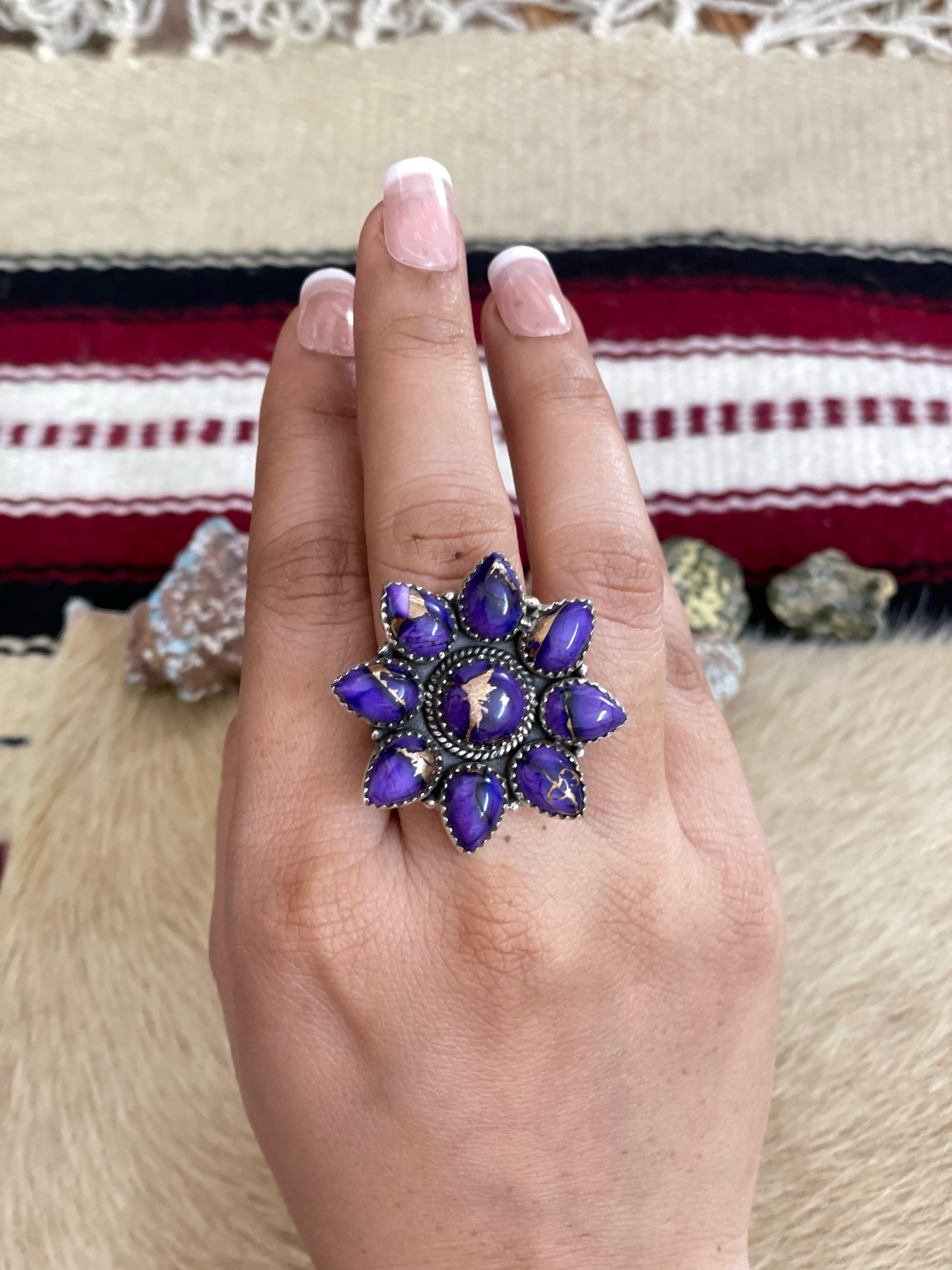 Handmade Sterling Silver Grape Dahlia Adjustable Ring with Signed Nizhoni