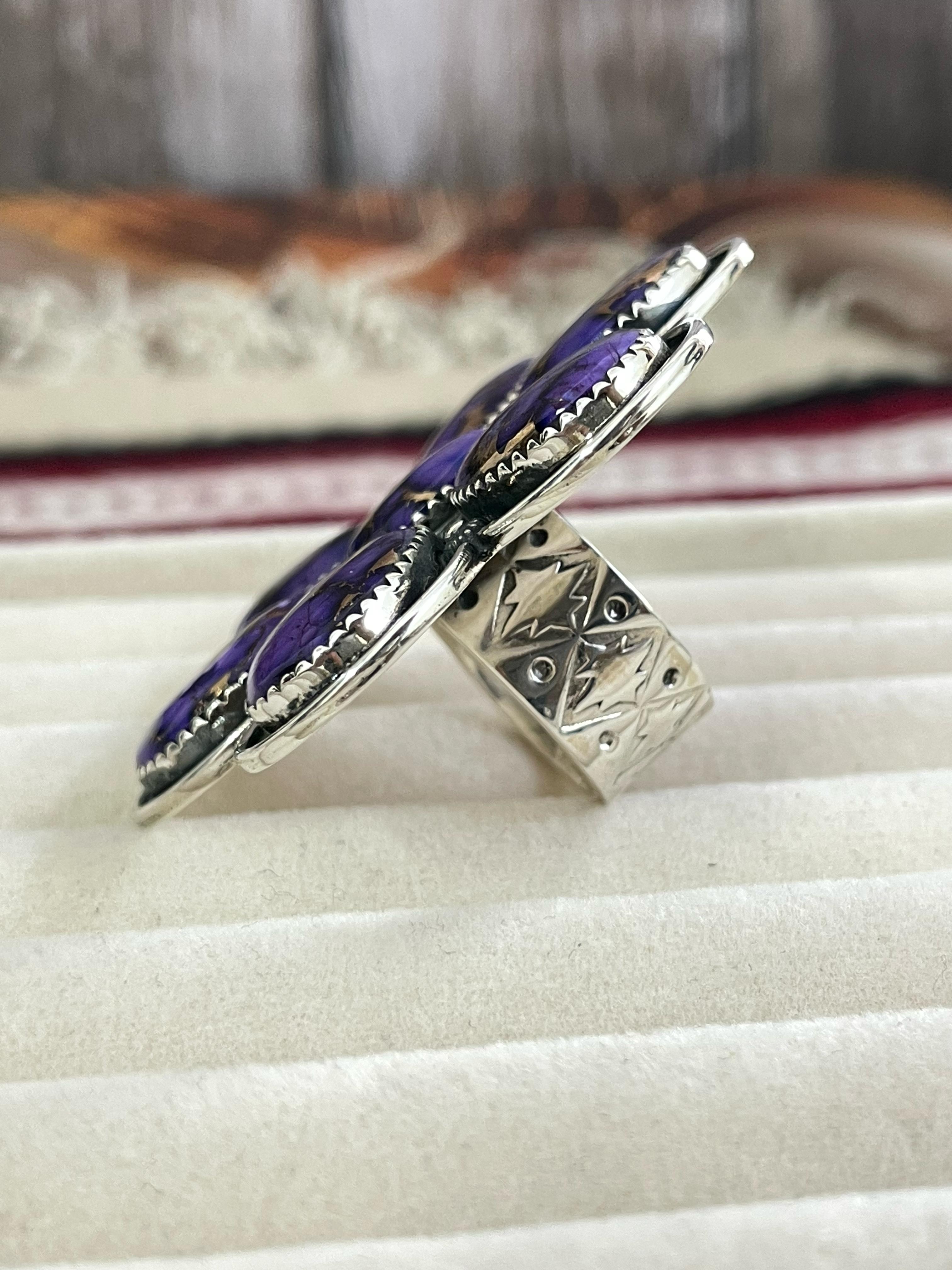 Handmade Sterling Silver Grape Dahlia Adjustable Ring with Signed Nizhoni