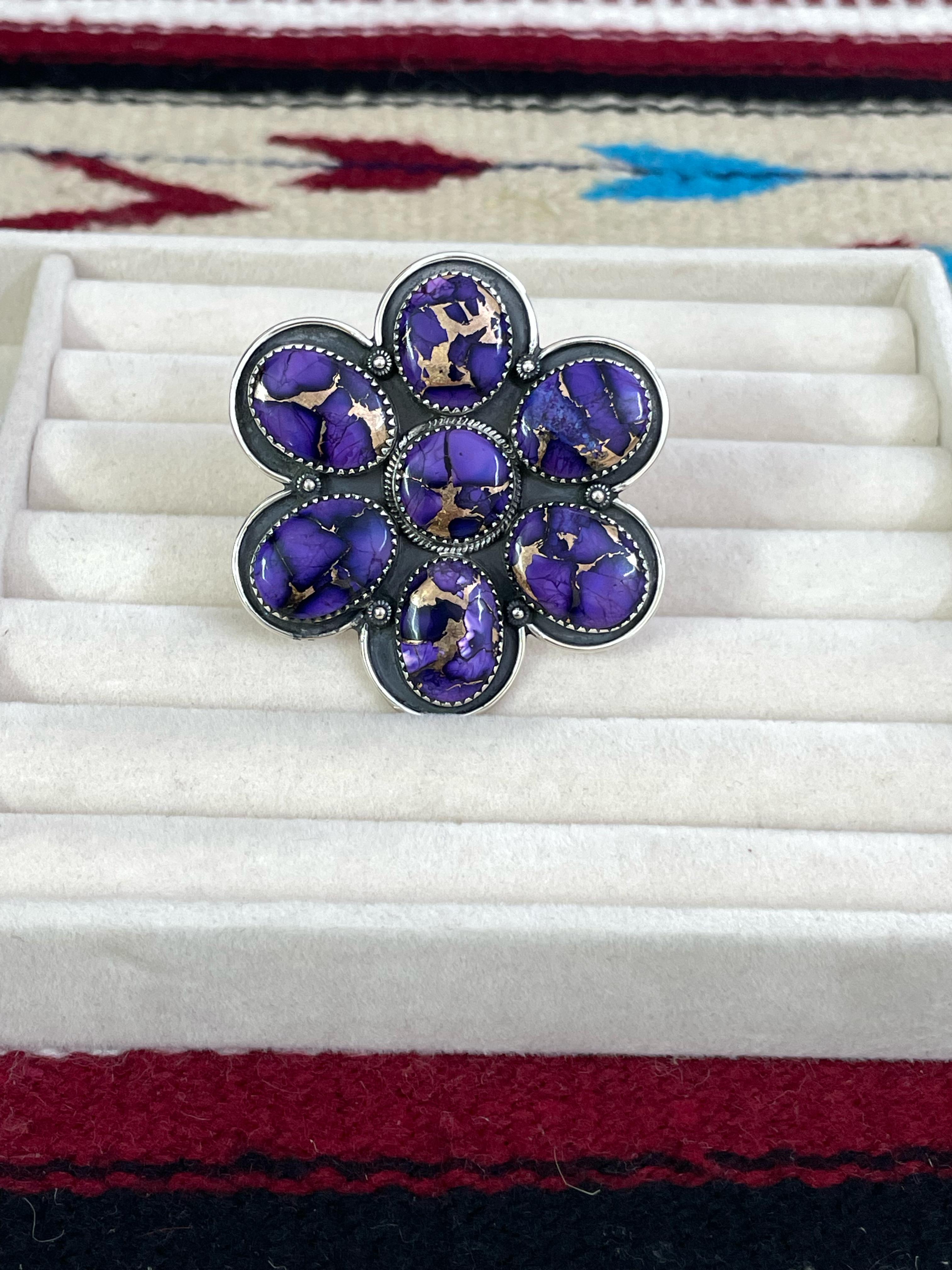 Handmade Sterling Silver Grape Dahlia Adjustable Ring with Signed Nizhoni