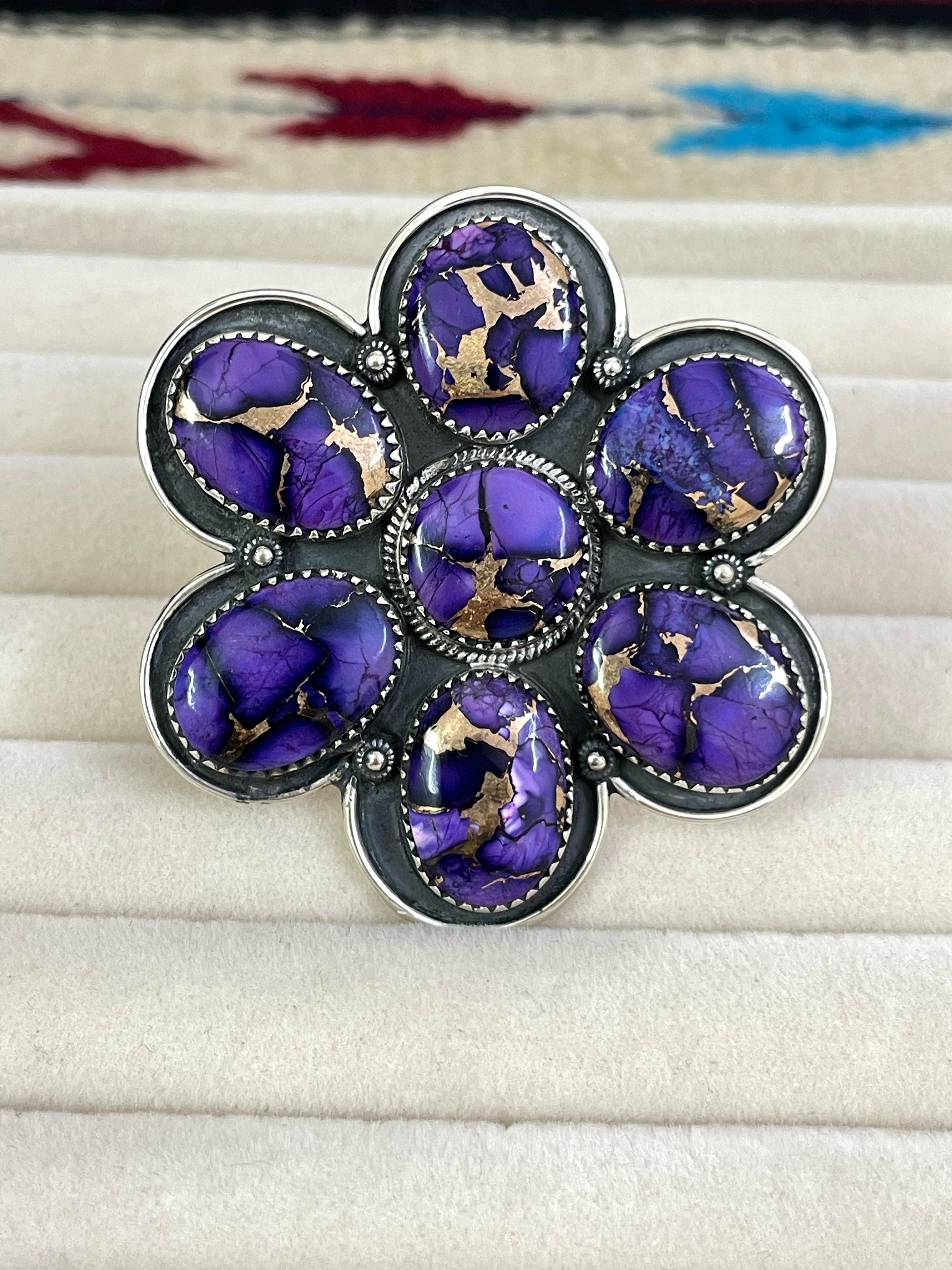 Handmade Sterling Silver Grape Dahlia Adjustable Ring with Signed Nizhoni