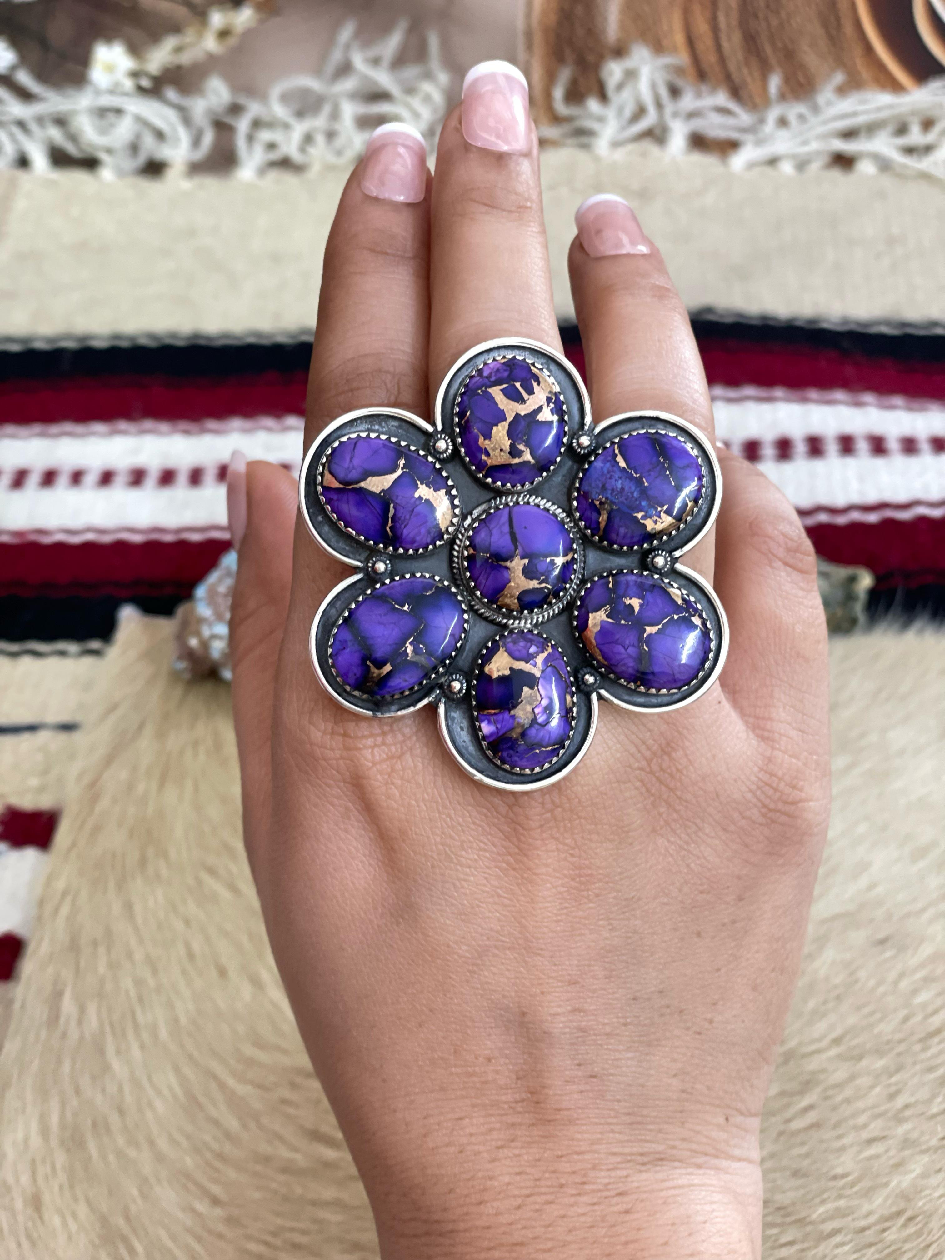 Handmade Sterling Silver Grape Dahlia Adjustable Ring with Signed Nizhoni