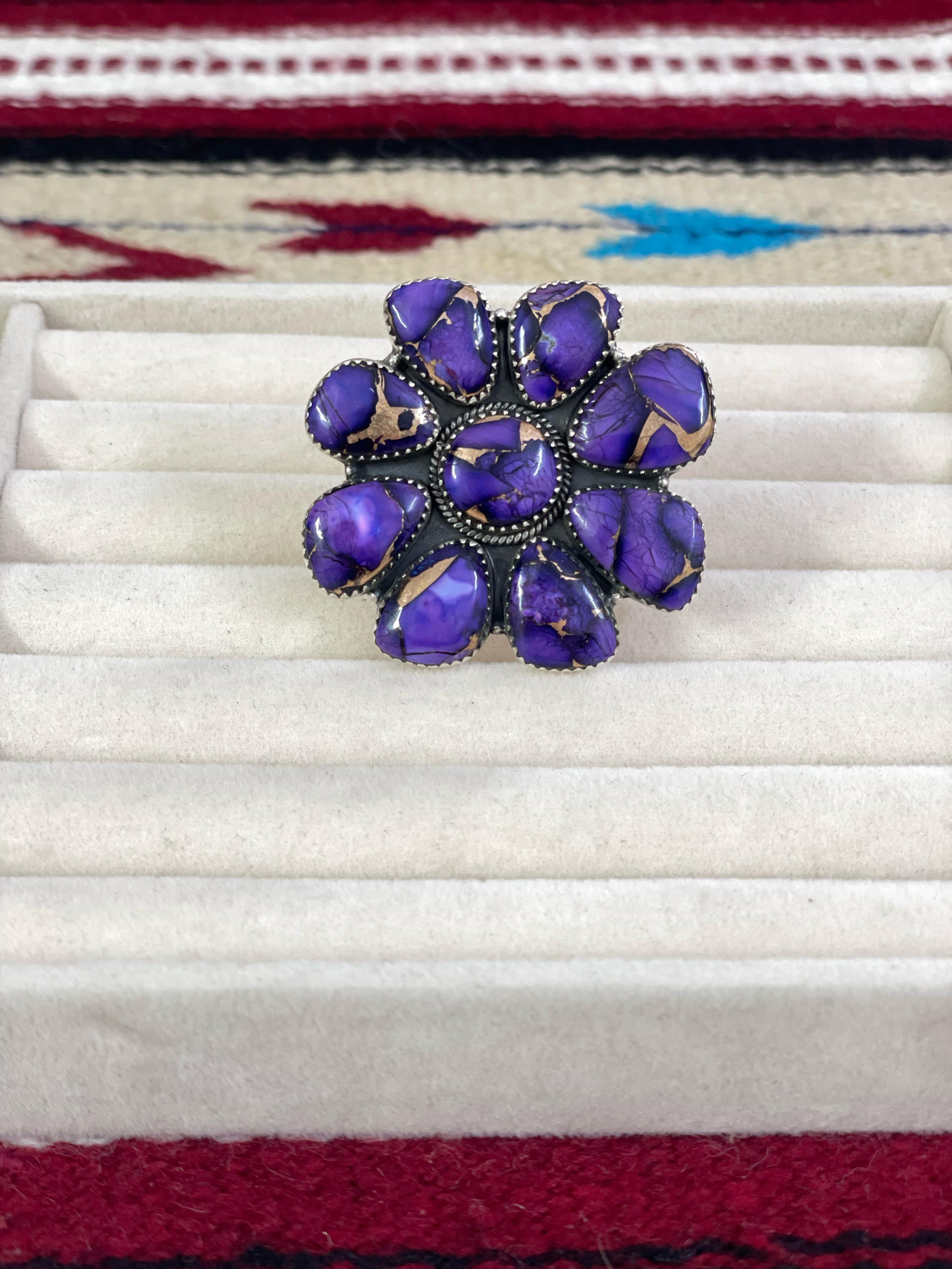 Handmade Sterling Silver Grape Dahlia Adjustable Ring, Signed Nizhoni