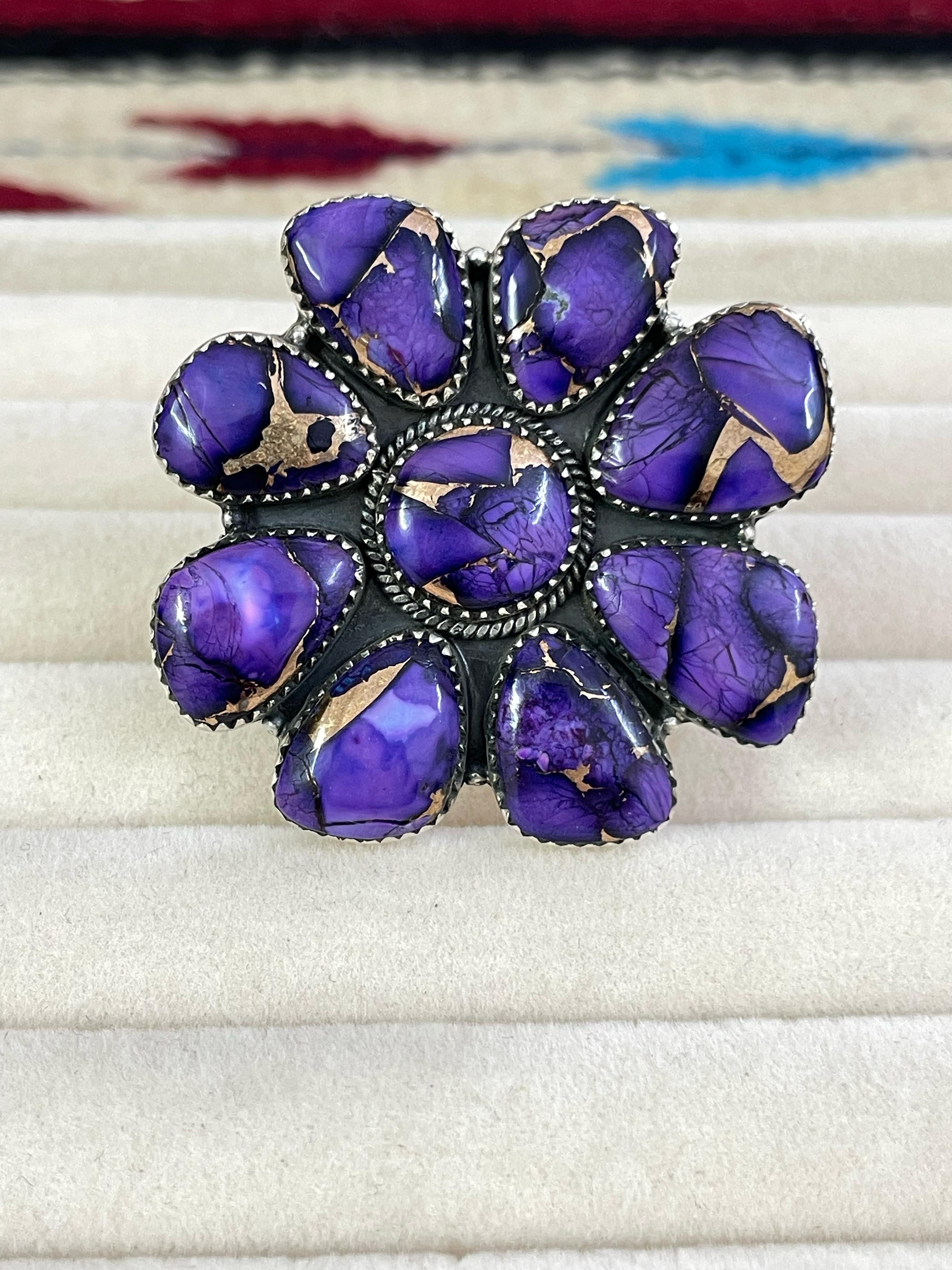 Handmade Sterling Silver Grape Dahlia Adjustable Ring, Signed Nizhoni