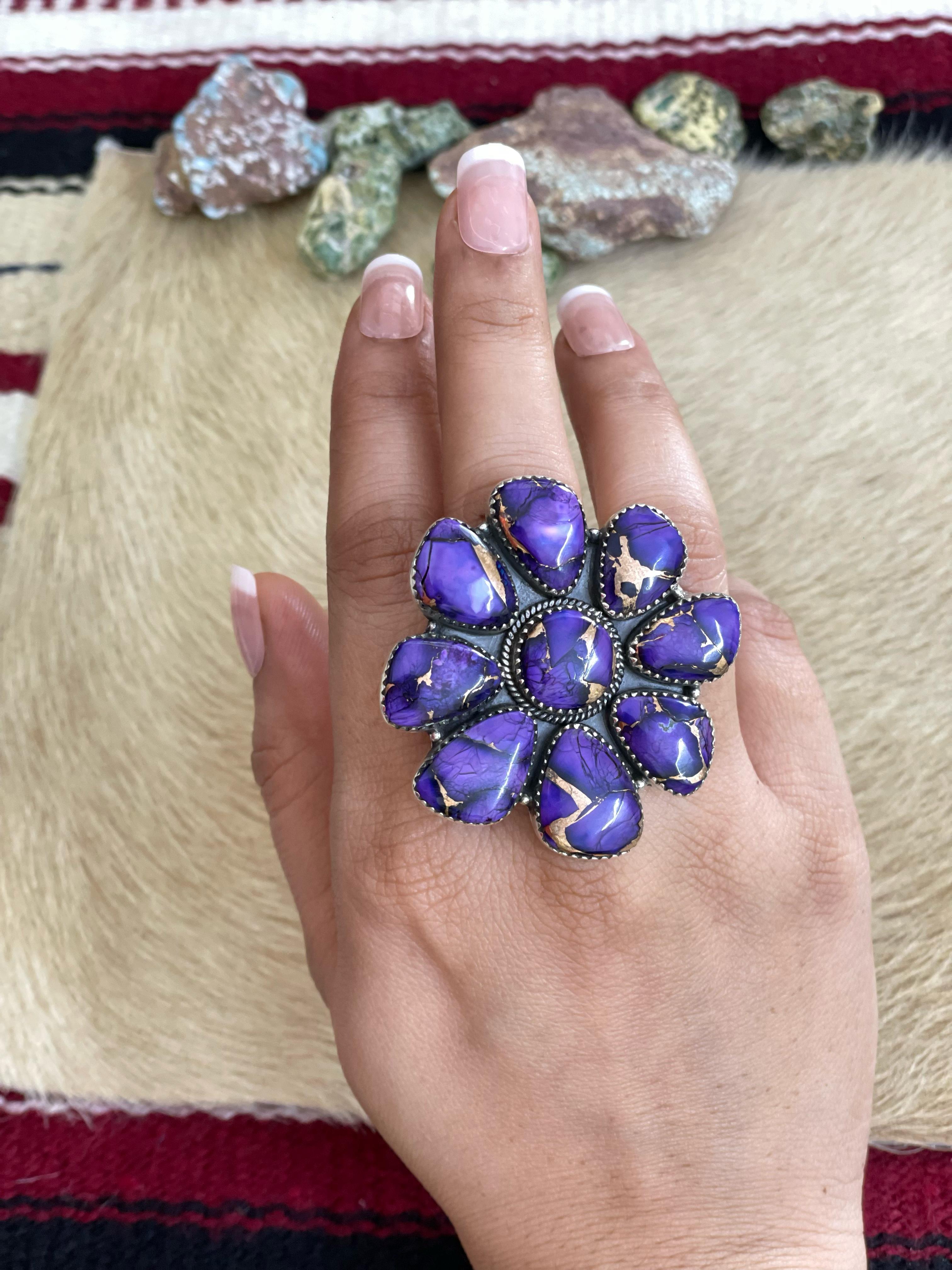 Handmade Sterling Silver Grape Dahlia Adjustable Ring, Signed Nizhoni