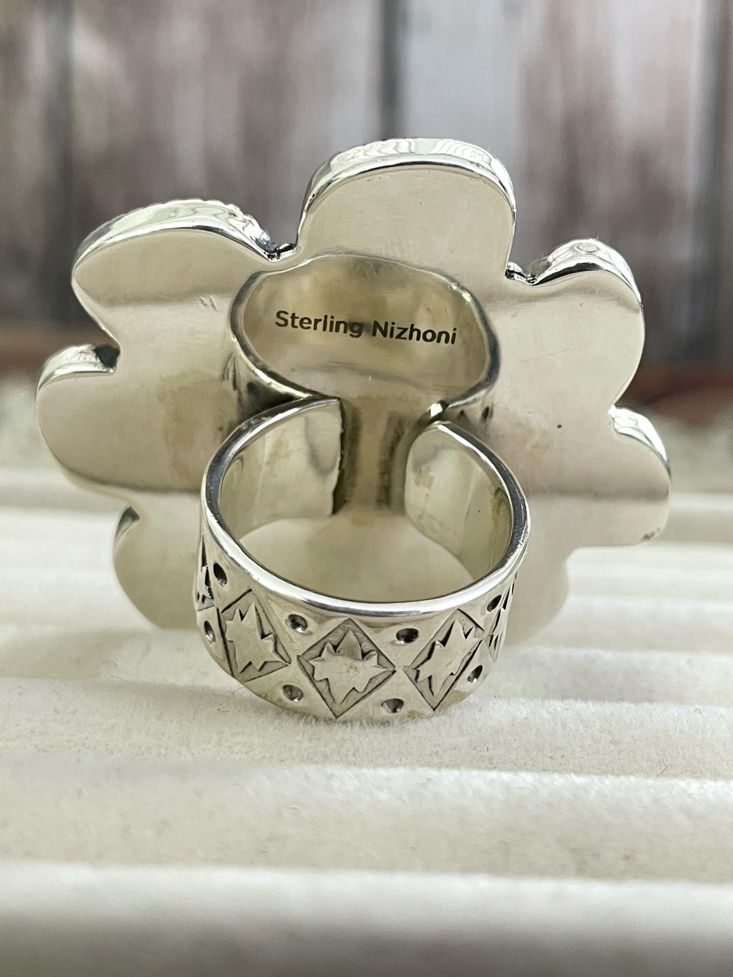 Handmade Sterling Silver Grape Dahlia Adjustable Ring, Signed Nizhoni