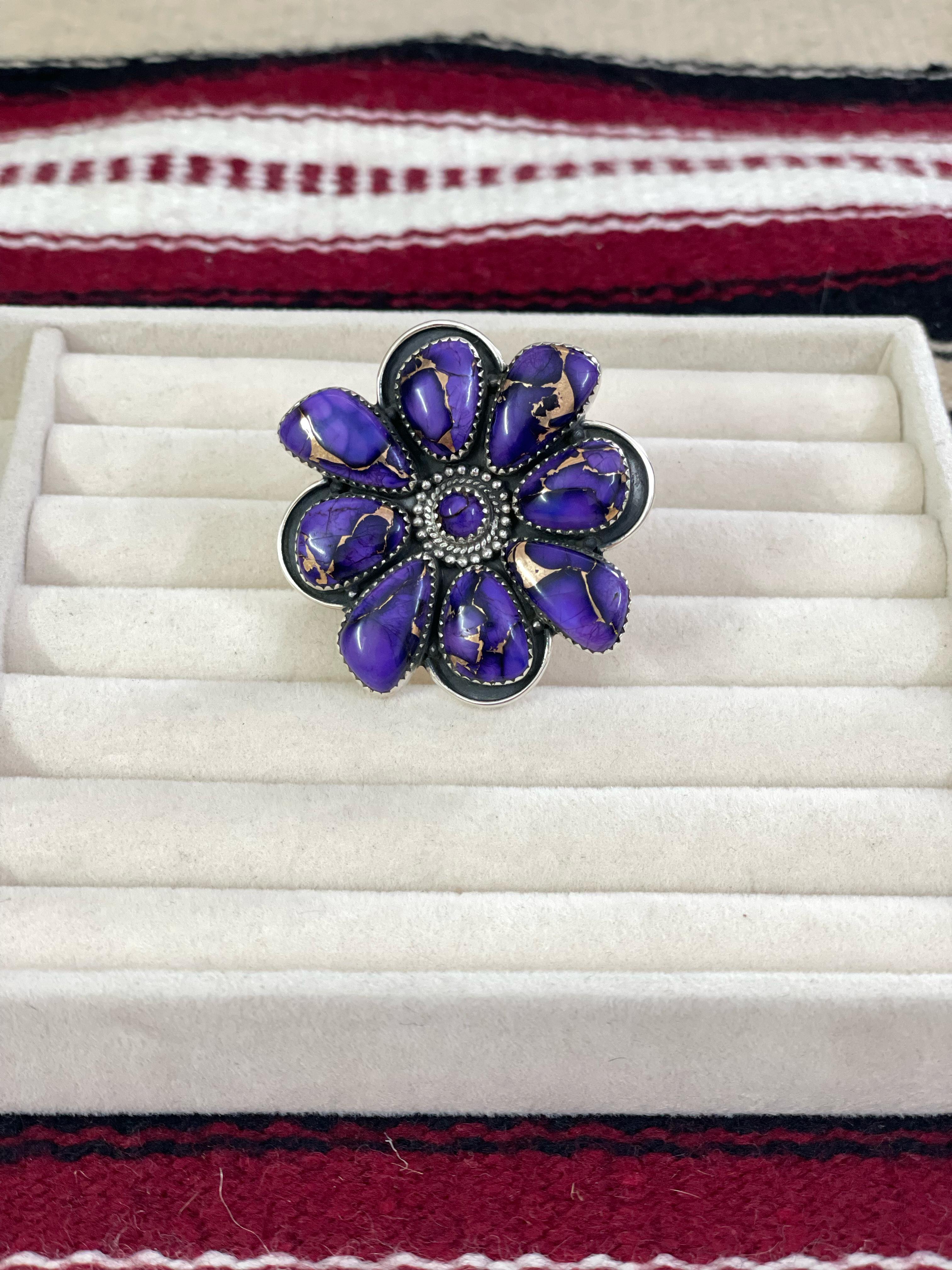 Handmade Sterling Silver Grape Dahlia Adjustable Ring with Signed Nizhoni