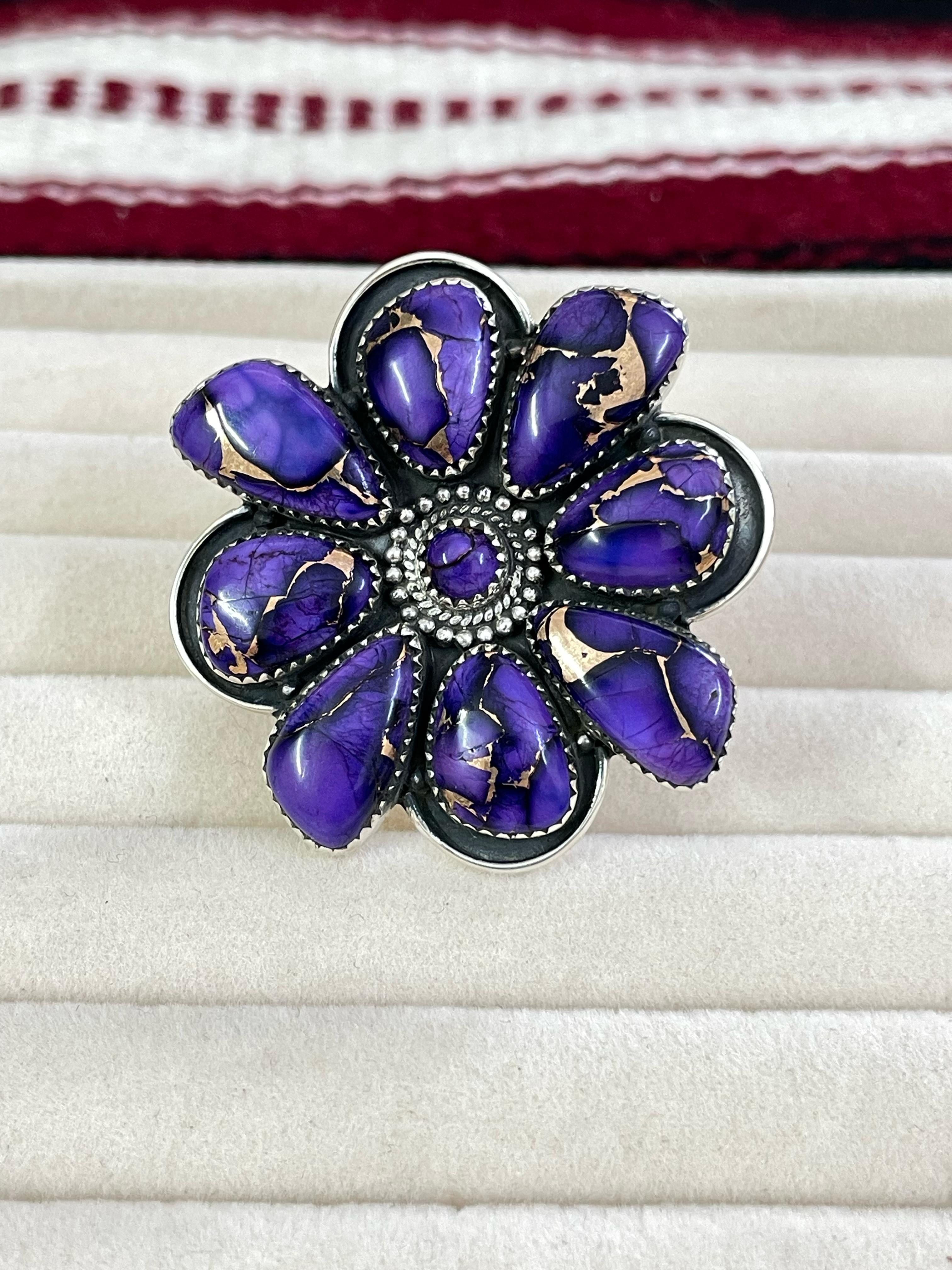 Handmade Sterling Silver Grape Dahlia Adjustable Ring with Signed Nizhoni