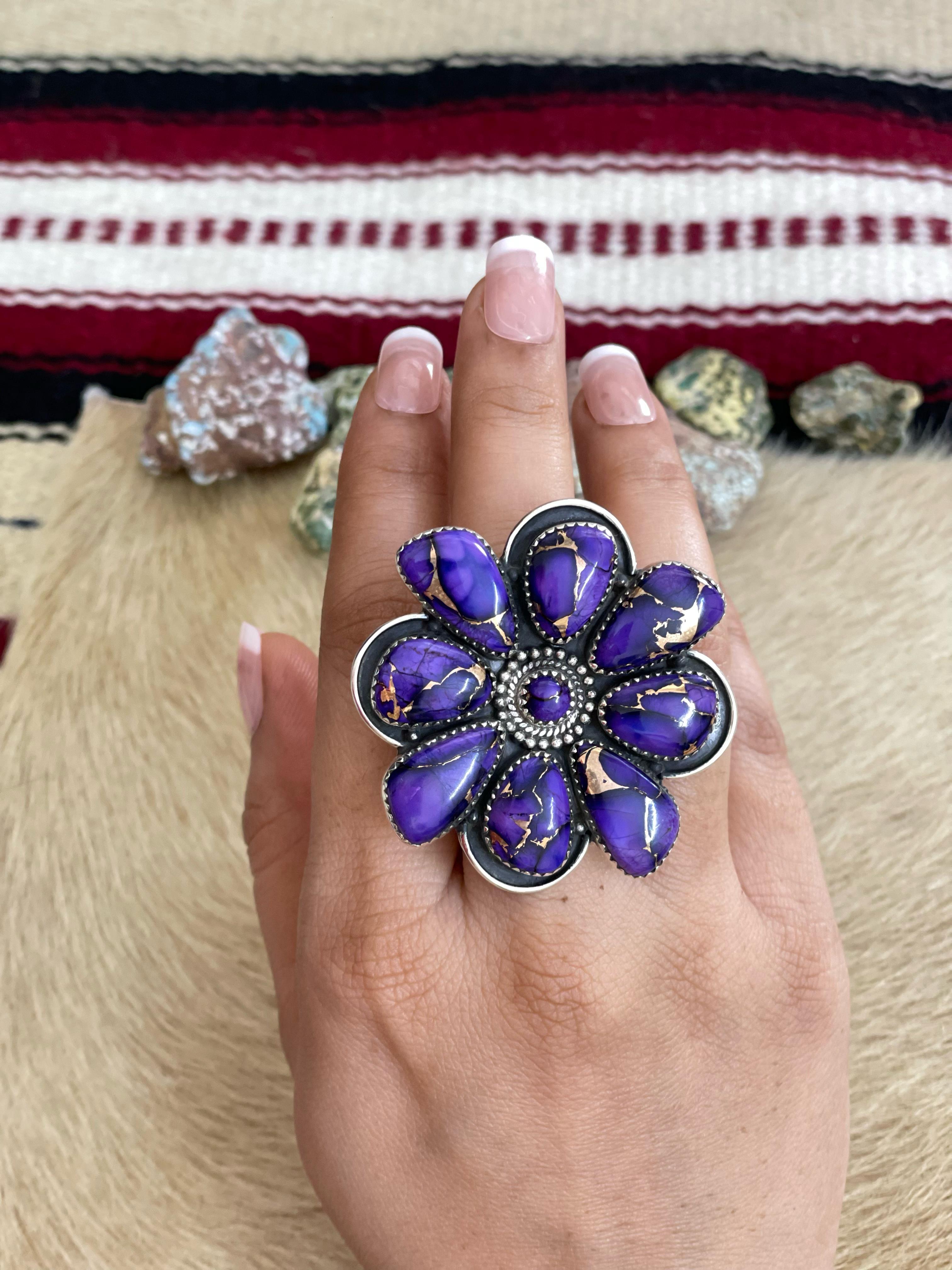 Handmade Sterling Silver Grape Dahlia Adjustable Ring with Signed Nizhoni