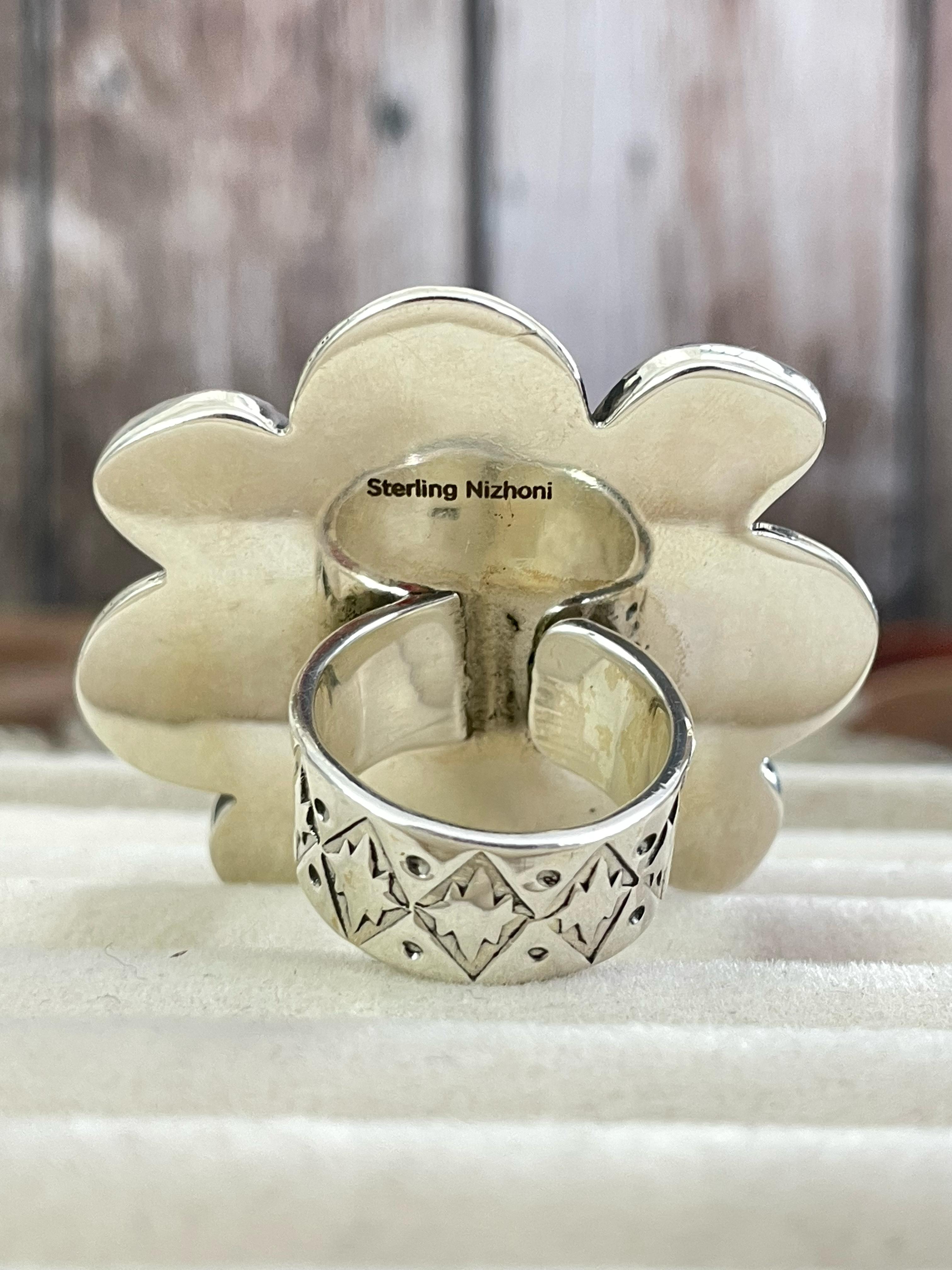 Handmade Sterling Silver Grape Dahlia Adjustable Ring with Signed Nizhoni