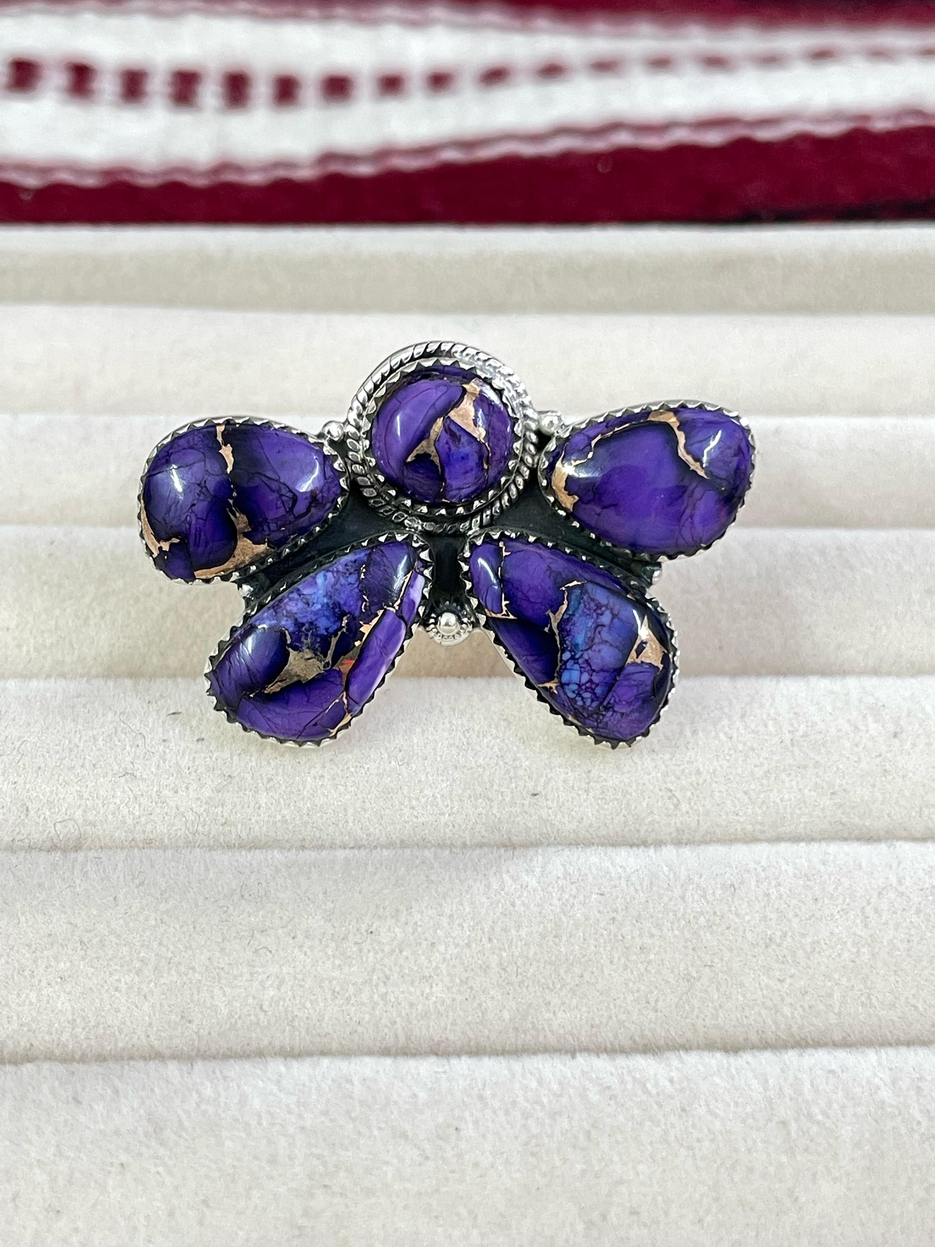 Handmade Sterling Silver Grape Dahlia Adjustable Rings with Signed Nizhoni