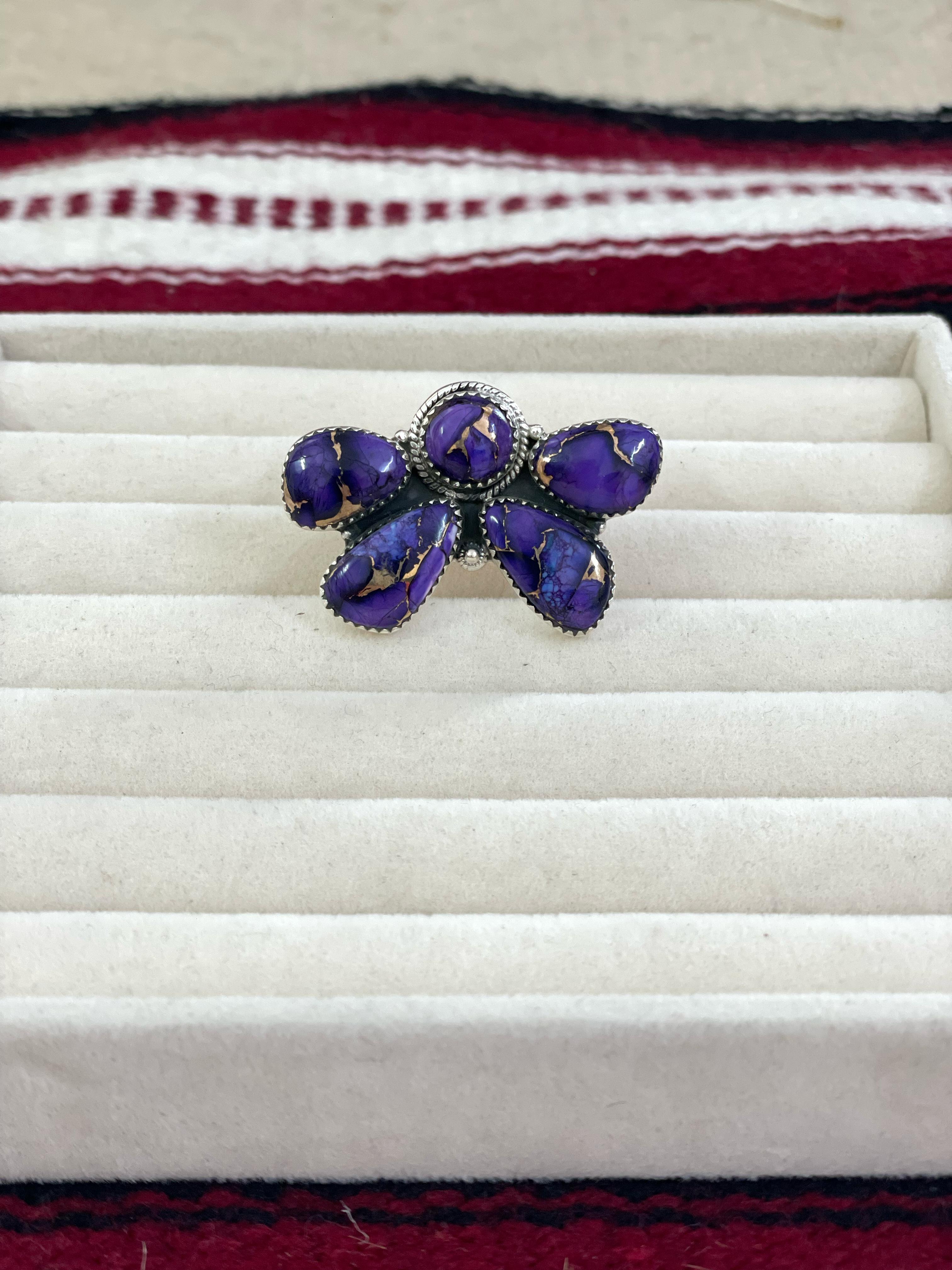 Handmade Sterling Silver Grape Dahlia Adjustable Rings with Signed Nizhoni