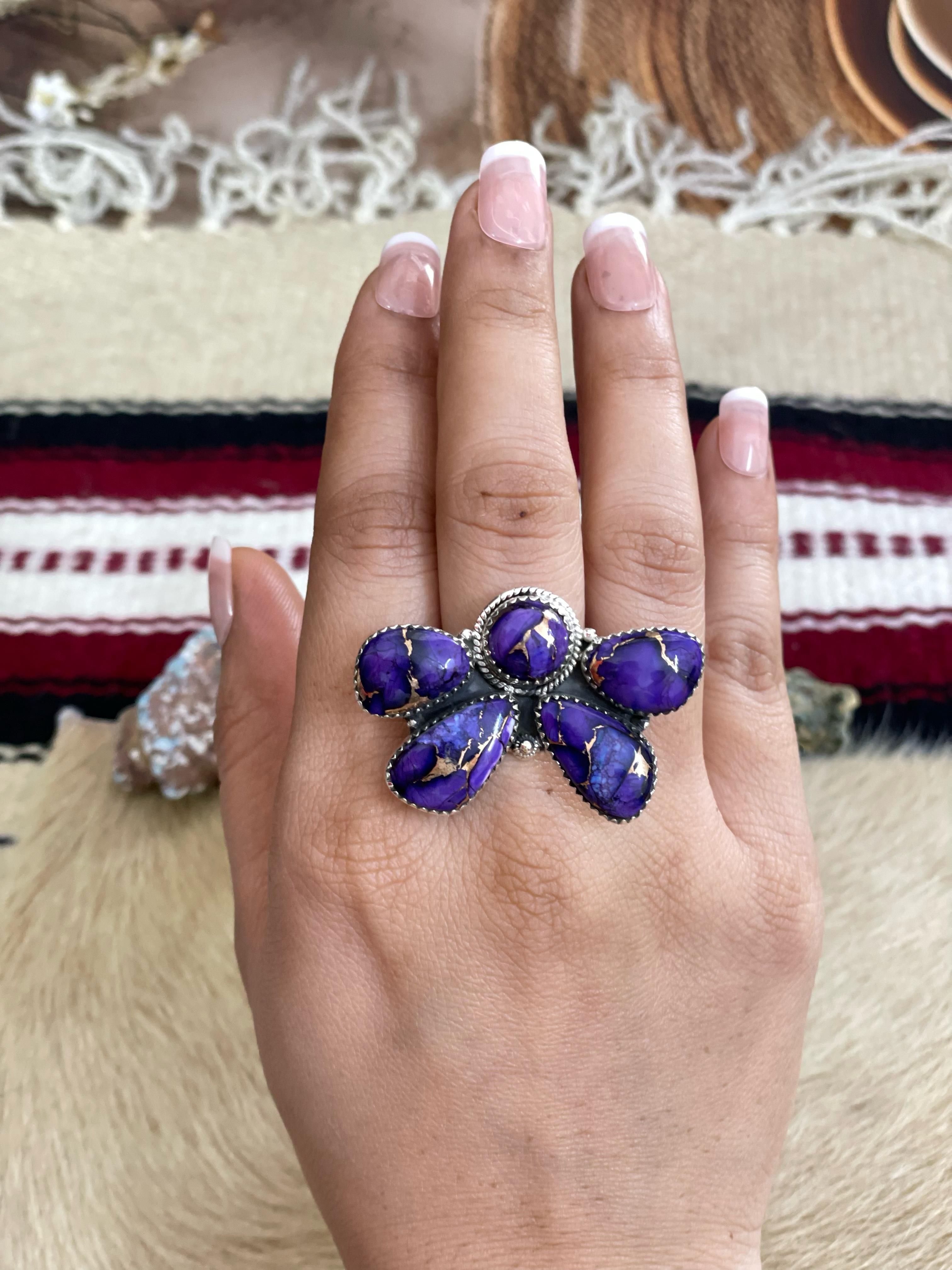 Handmade Sterling Silver Grape Dahlia Adjustable Rings with Signed Nizhoni