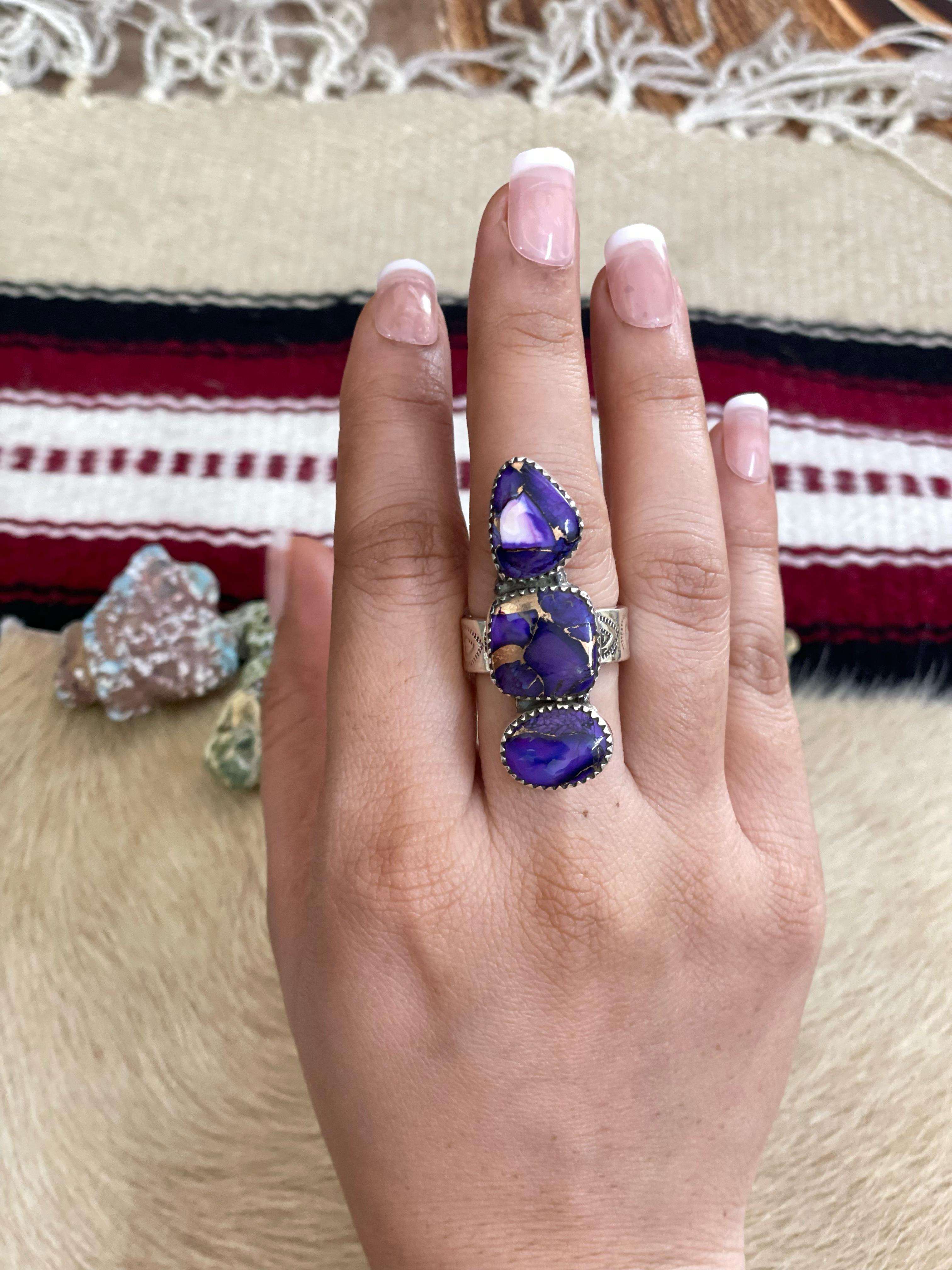 Handmade Sterling Silver Grape Violet Adjustable Ring with Signed Nizhoni