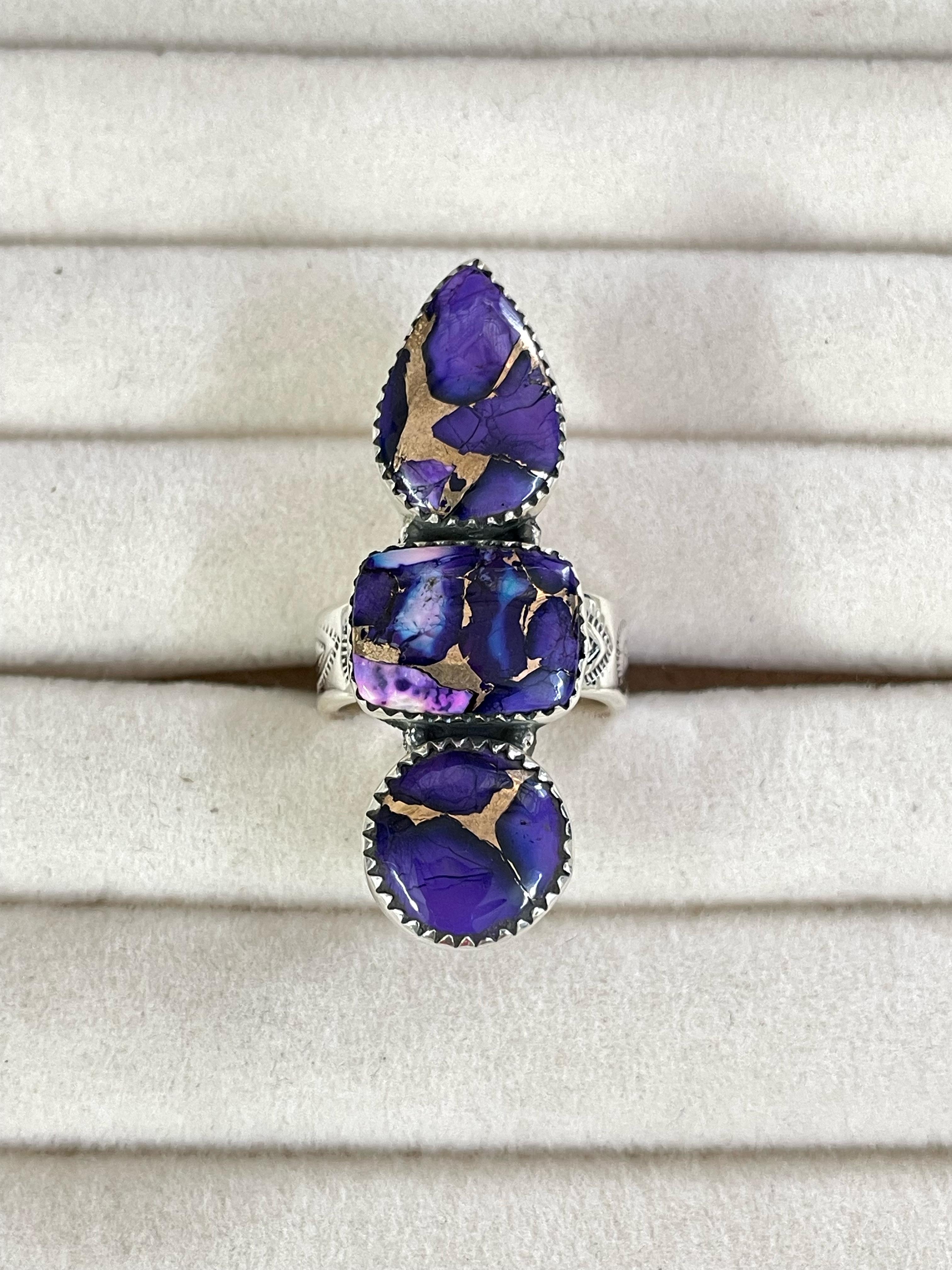 Handmade Sterling Silver Grape Dahlia Adjustable Ring with Signed Nizhoni