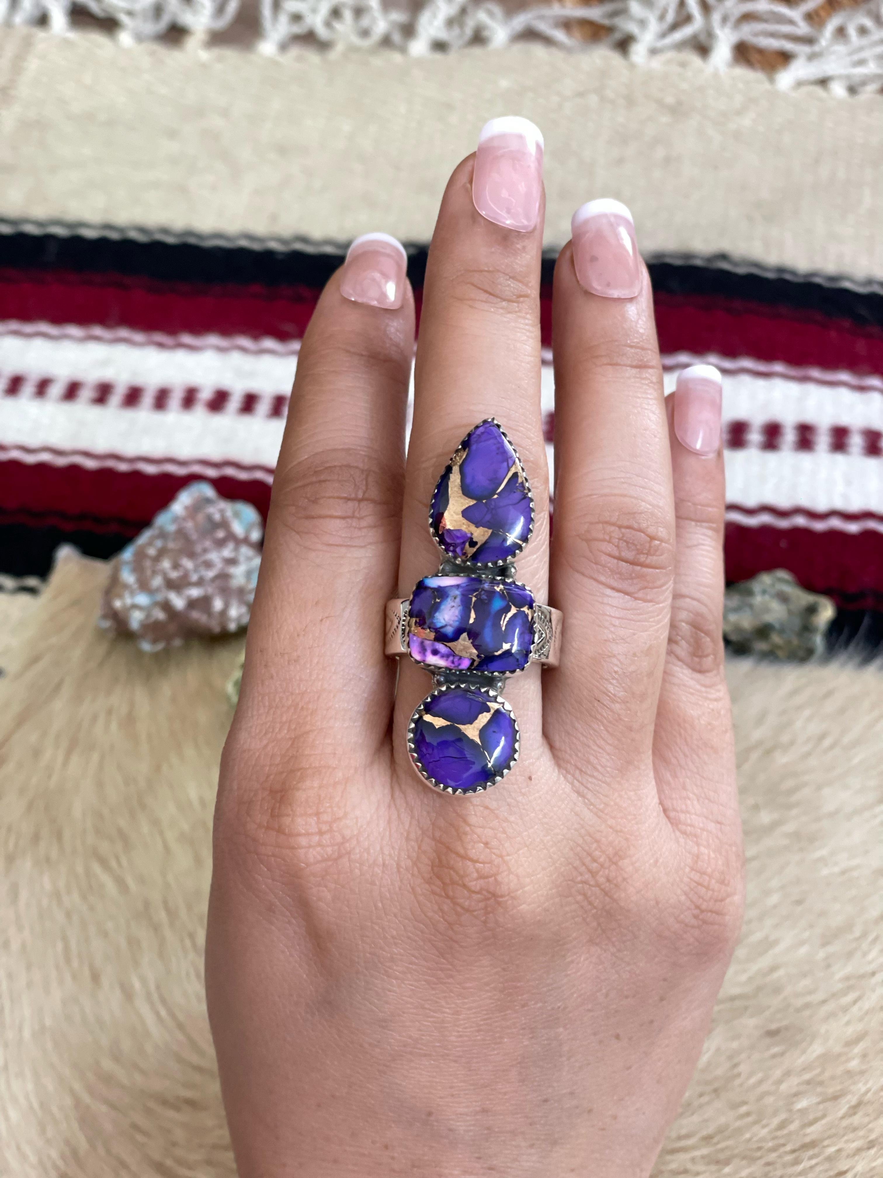 Handmade Sterling Silver Grape Dahlia Adjustable Ring with Signed Nizhoni