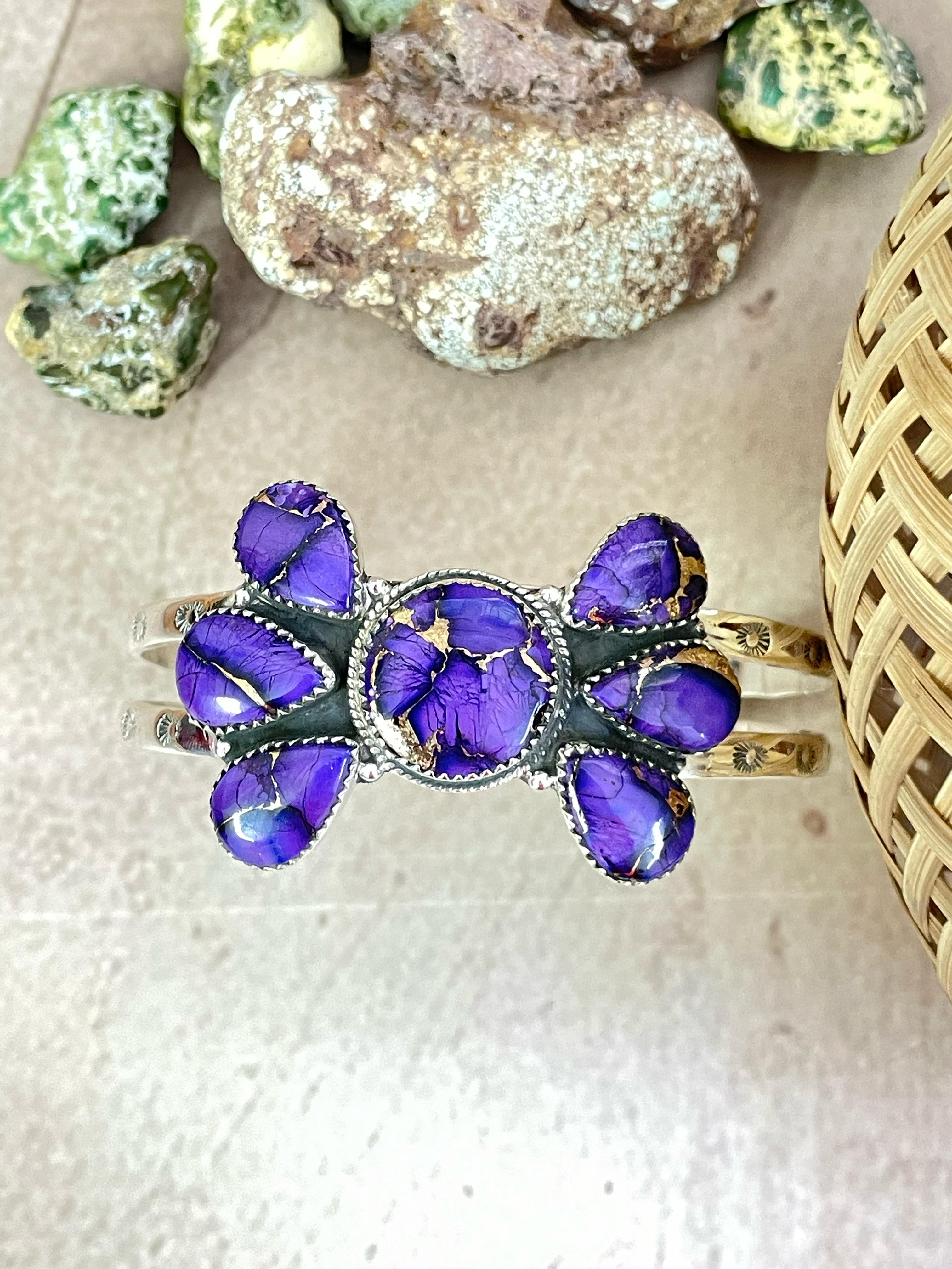 Handmade Sterling Silver Grape Dahlia Cuff Bracelet with Signed Nizhoni