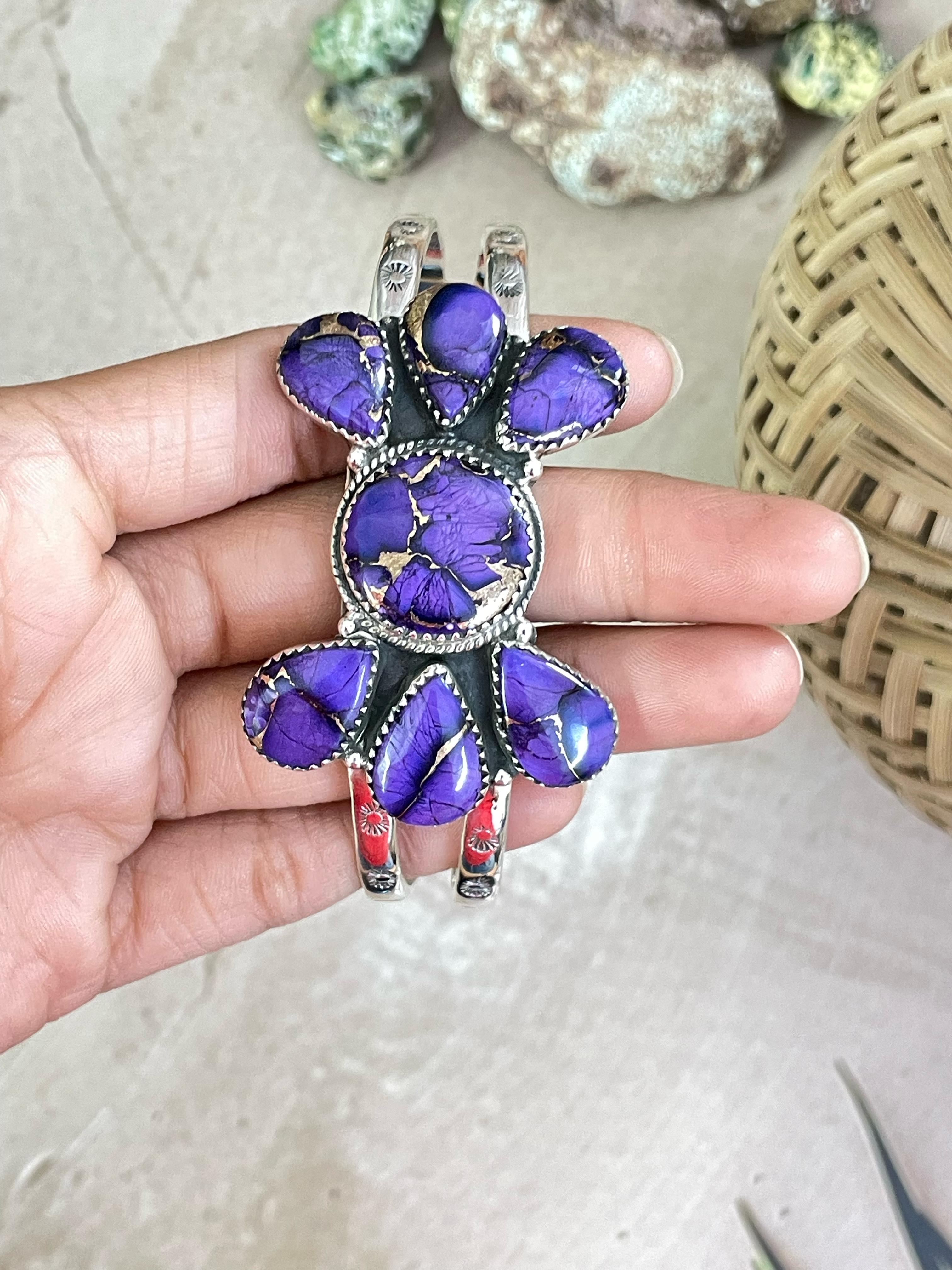 Handmade Sterling Silver Grape Dahlia Cuff Bracelet with Signed Nizhoni