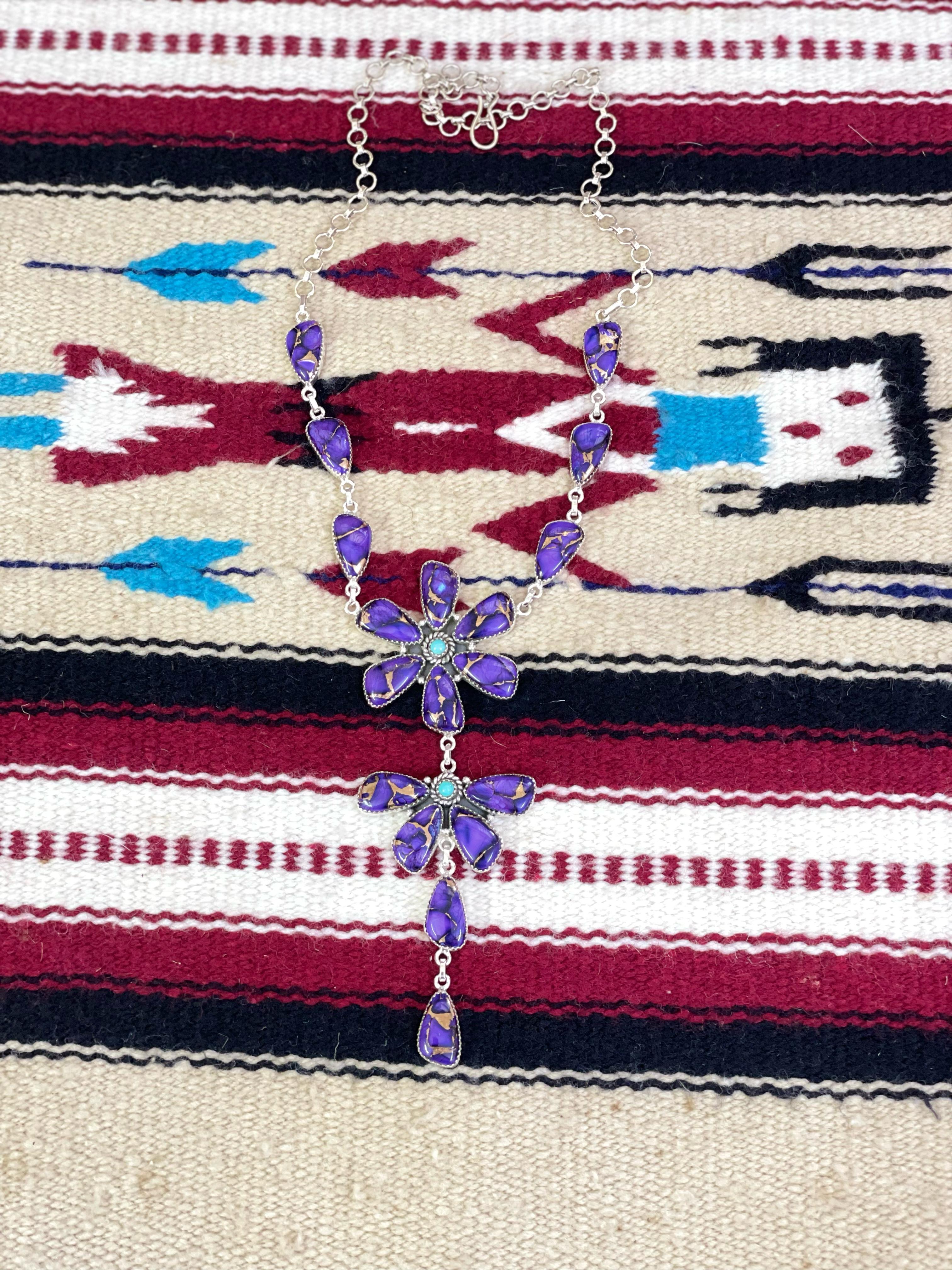 Handmade Sterling Silver Grape Dahlia with Kingman Turquoise Necklace with Signed Nizhoni