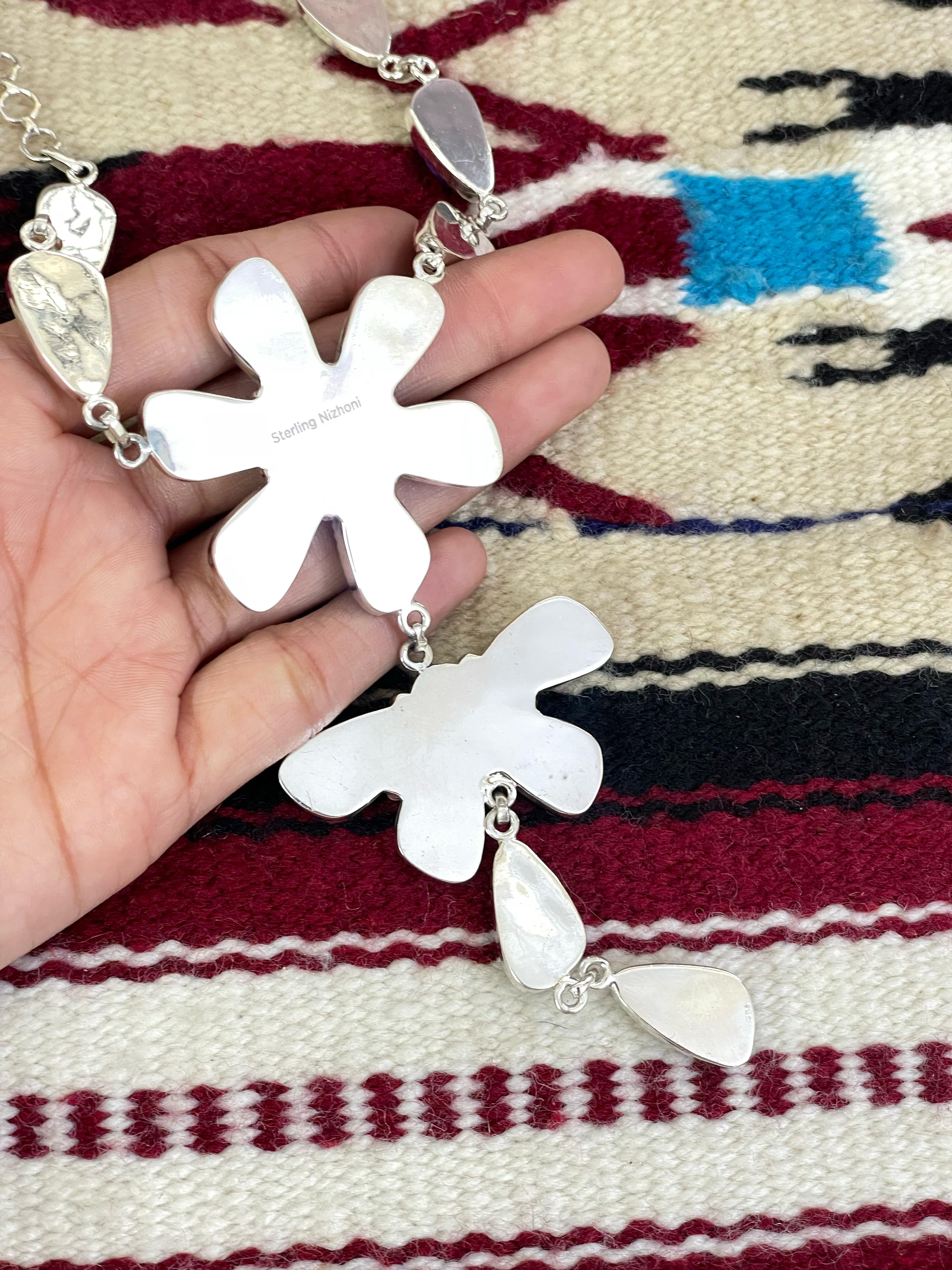 Handmade Sterling Silver Grape Dahlia with Kingman Turquoise Necklace with Signed Nizhoni