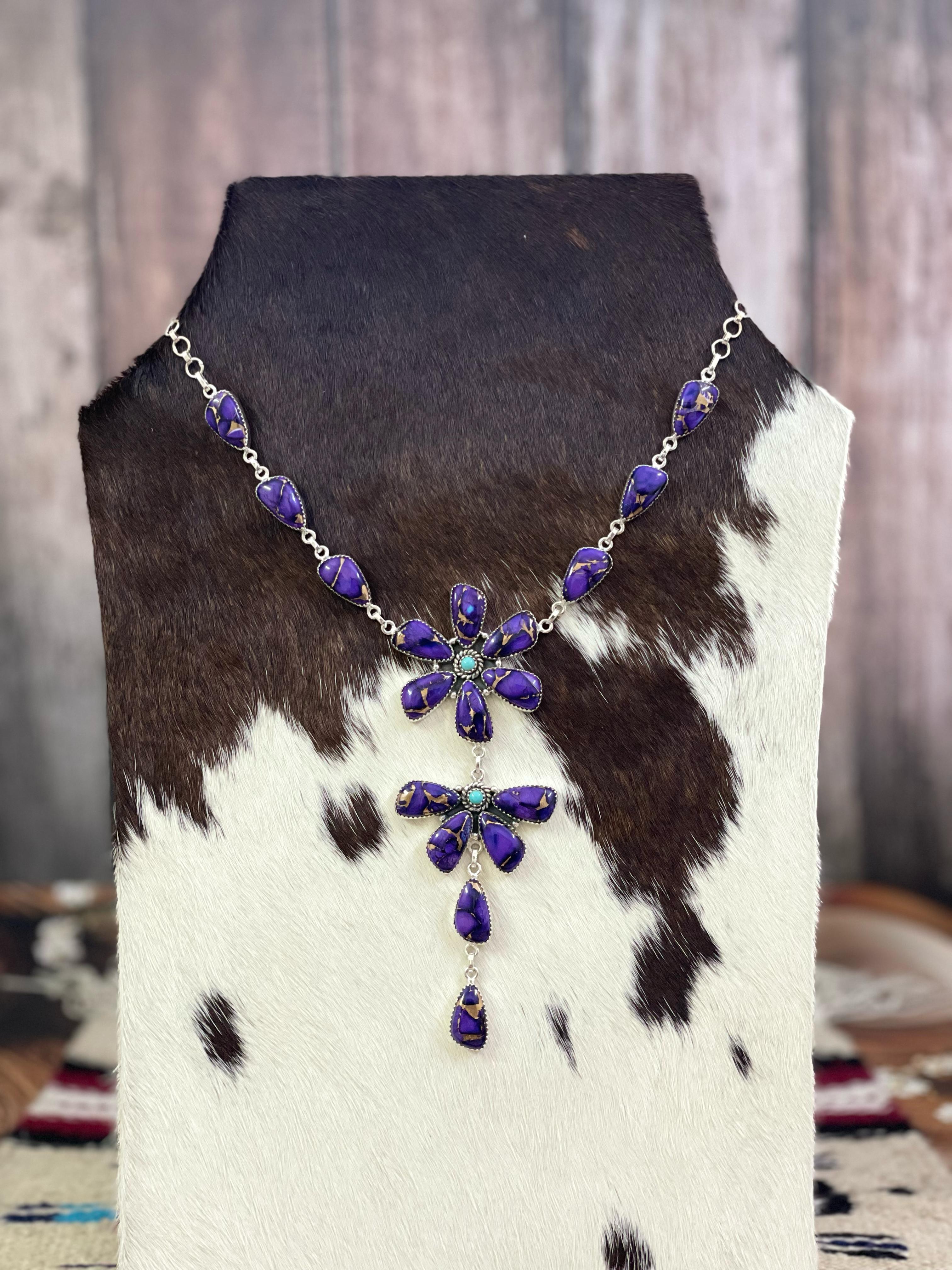 Handmade Sterling Silver Grape Dahlia with Kingman Turquoise Necklace with Signed Nizhoni