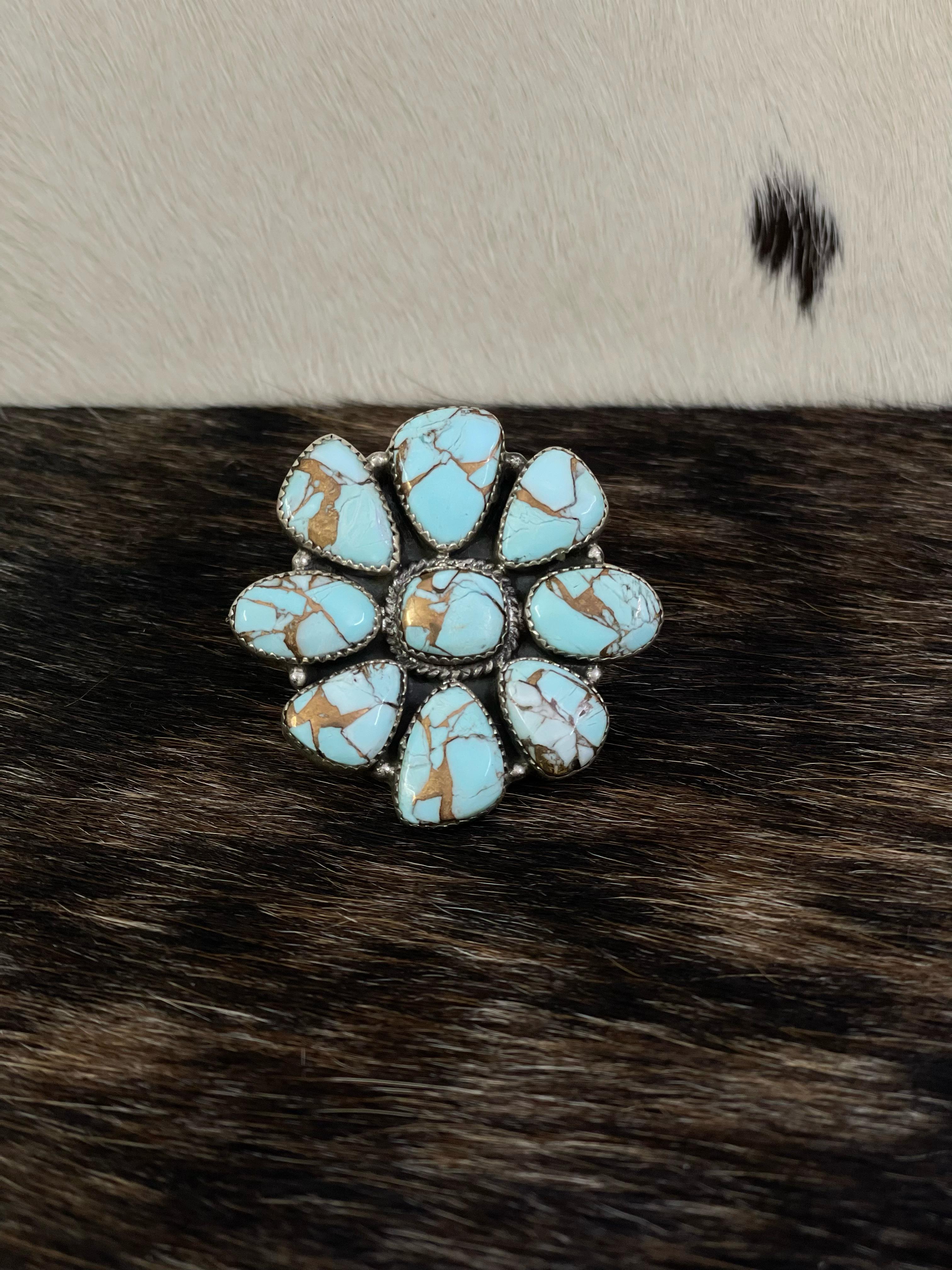 Handmade Sterling Silver Mint Dahlia Adjustable Ring with Signed Nizhoni