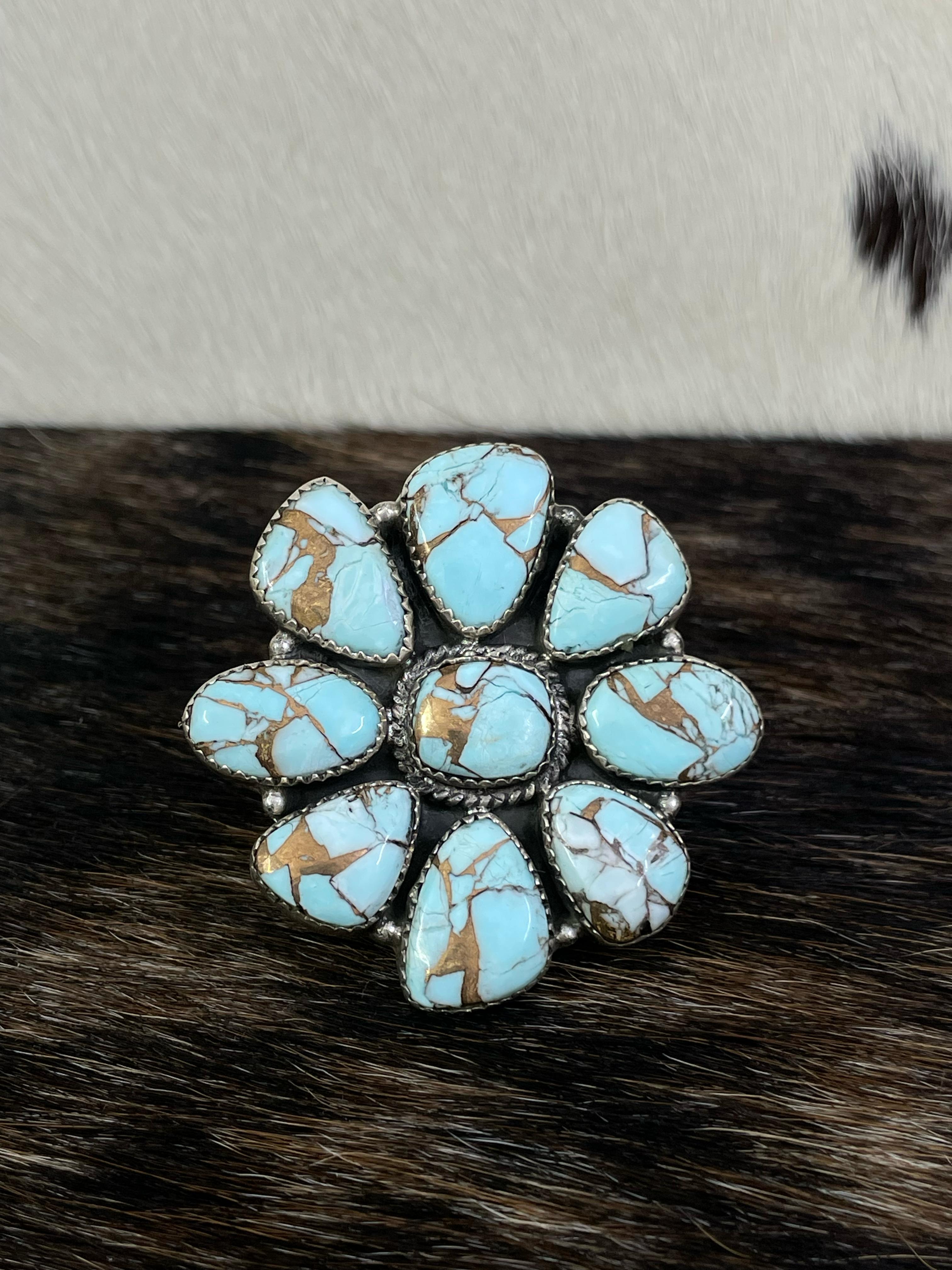 Handmade Sterling Silver Mint Dahlia Adjustable Ring with Signed Nizhoni