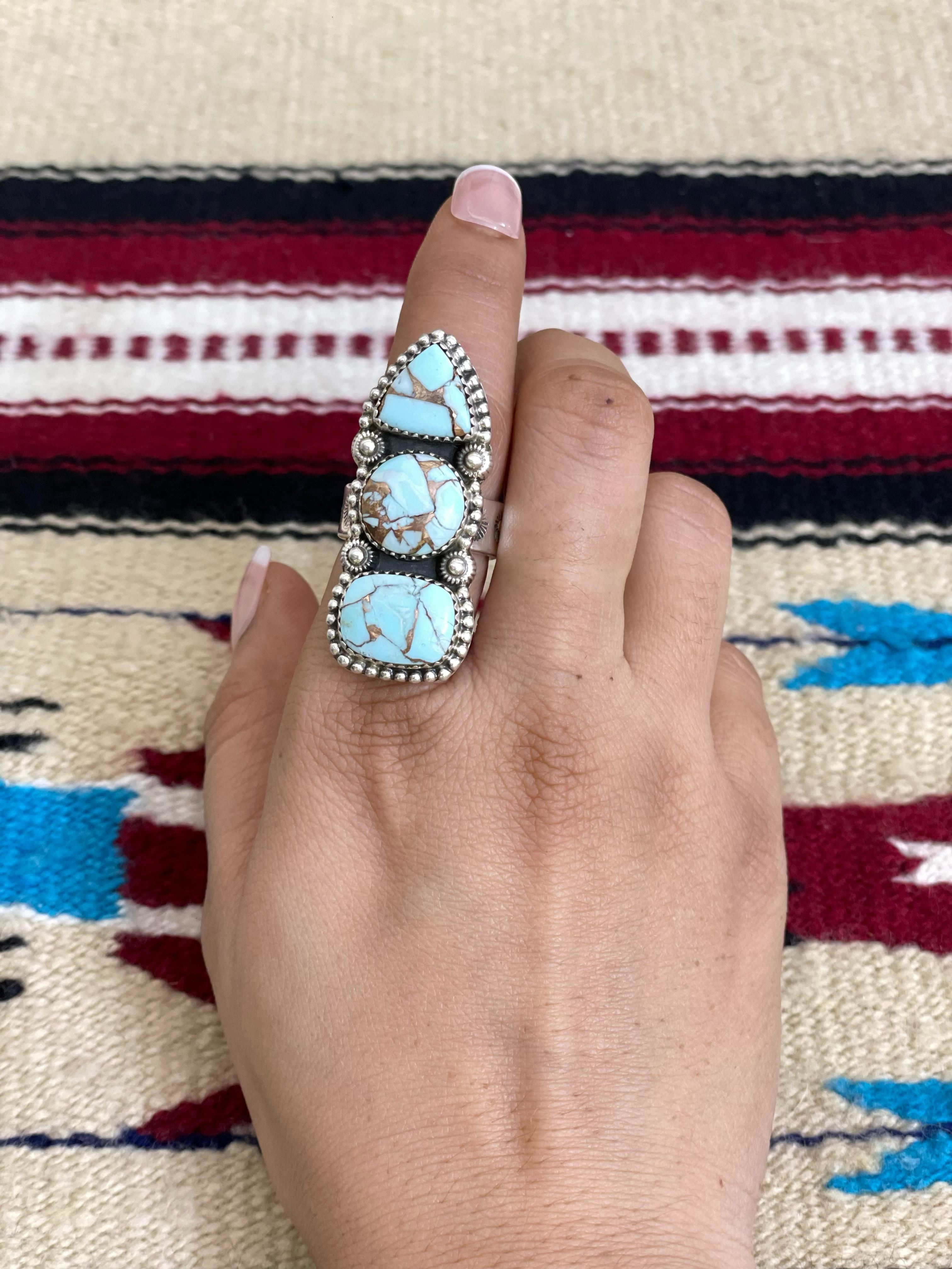 Handmade Sterling Silver Mint Dahlia Adjustable Ring with Signed Nizhoni