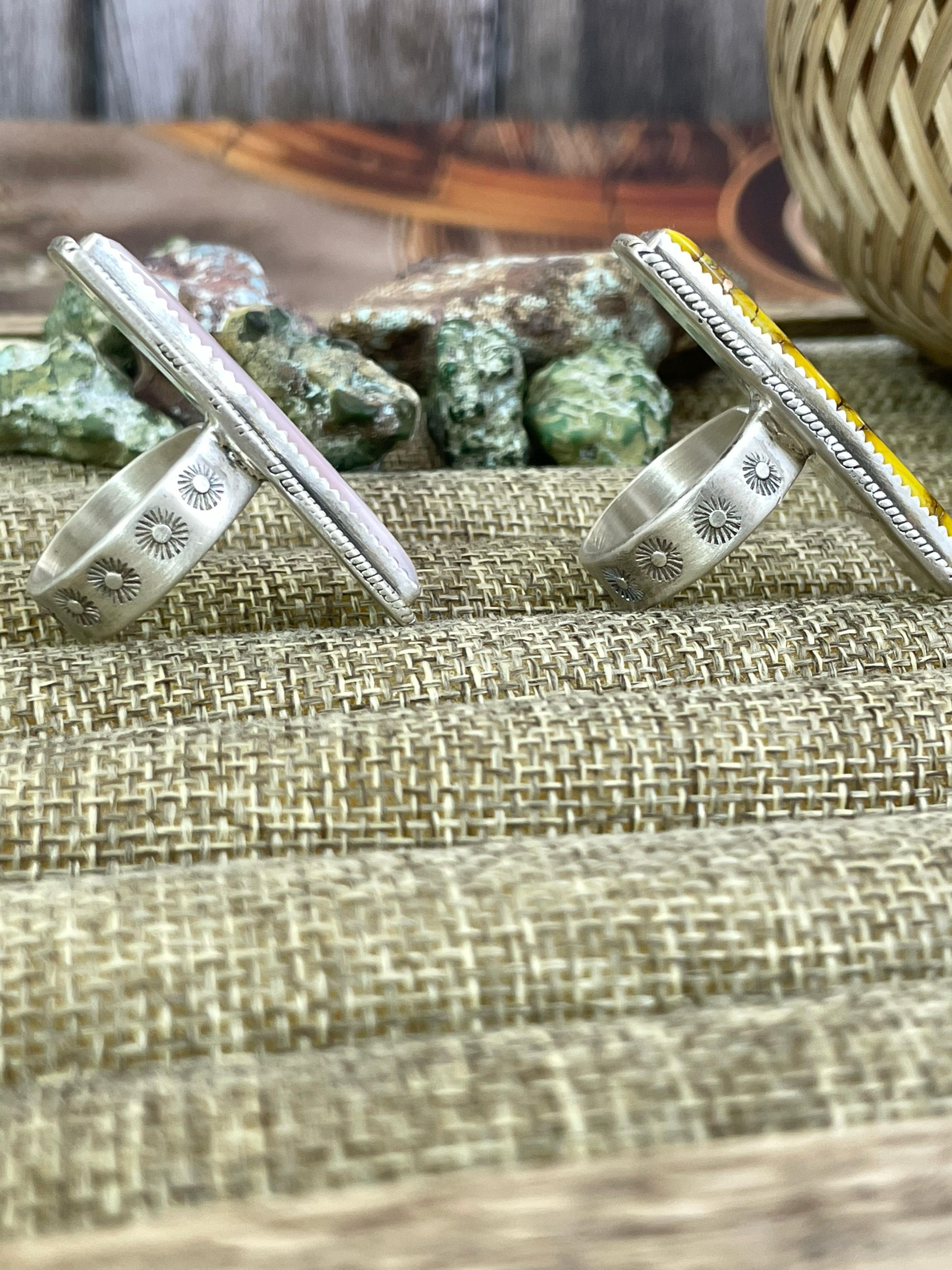 Handmade Sterling Silver Honey Dahlia, Pink Opal Adjustable Ring with Signed Nizhoni