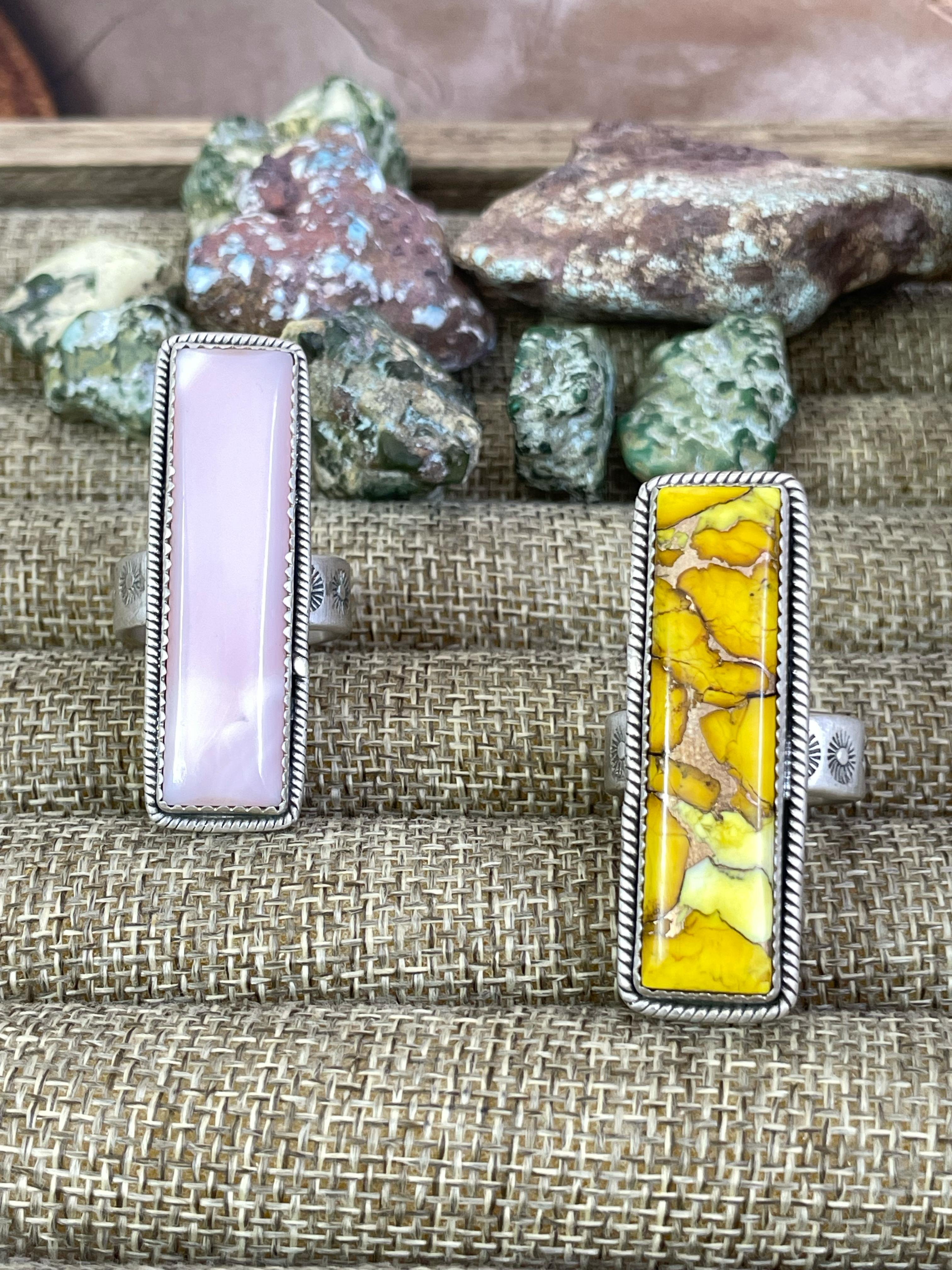 Handmade Sterling Silver Honey Dahlia, Pink Opal Adjustable Ring with Signed Nizhoni