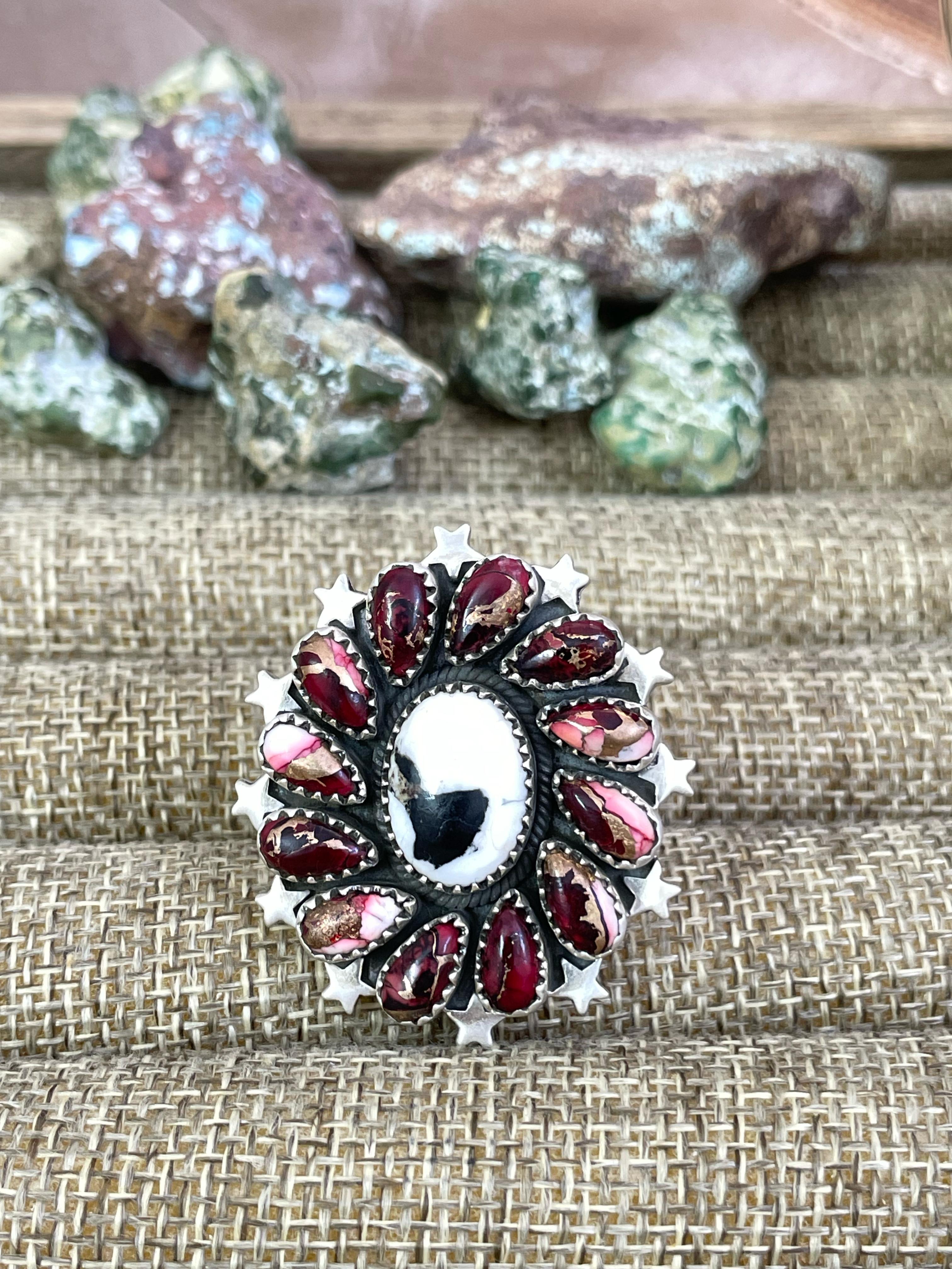 Handmade Sterling Silver White Buffalo Turquoise, Dahlia Rose Adjustable Ring with Signed Nizhoni