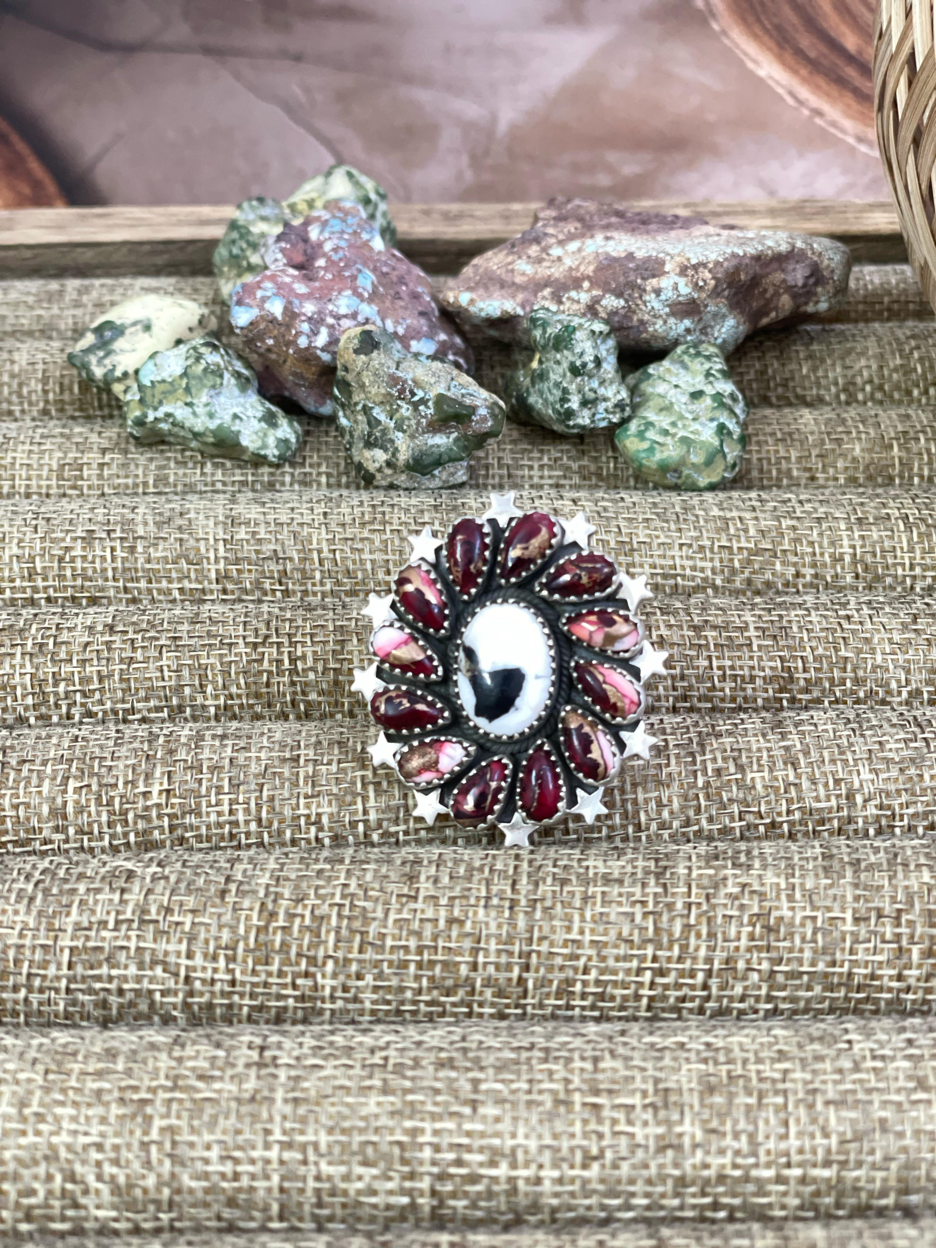 Handmade Sterling Silver White Buffalo Turquoise, Dahlia Rose Adjustable Ring with Signed Nizhoni
