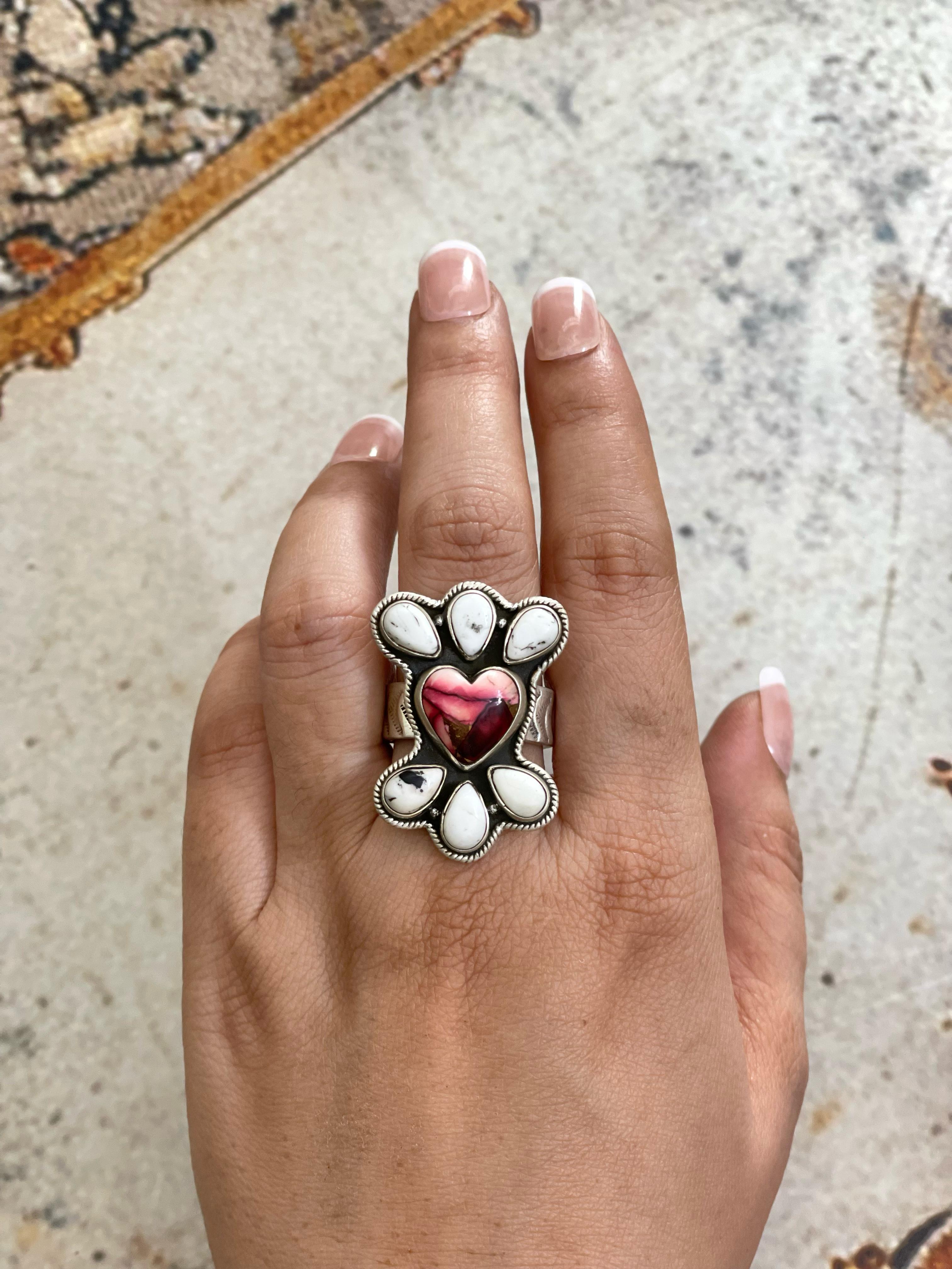 Handmade Sterling Silver Dahlia Rose with White Buffalo Turquoise Adjustable Ring, Signed Nizhoni