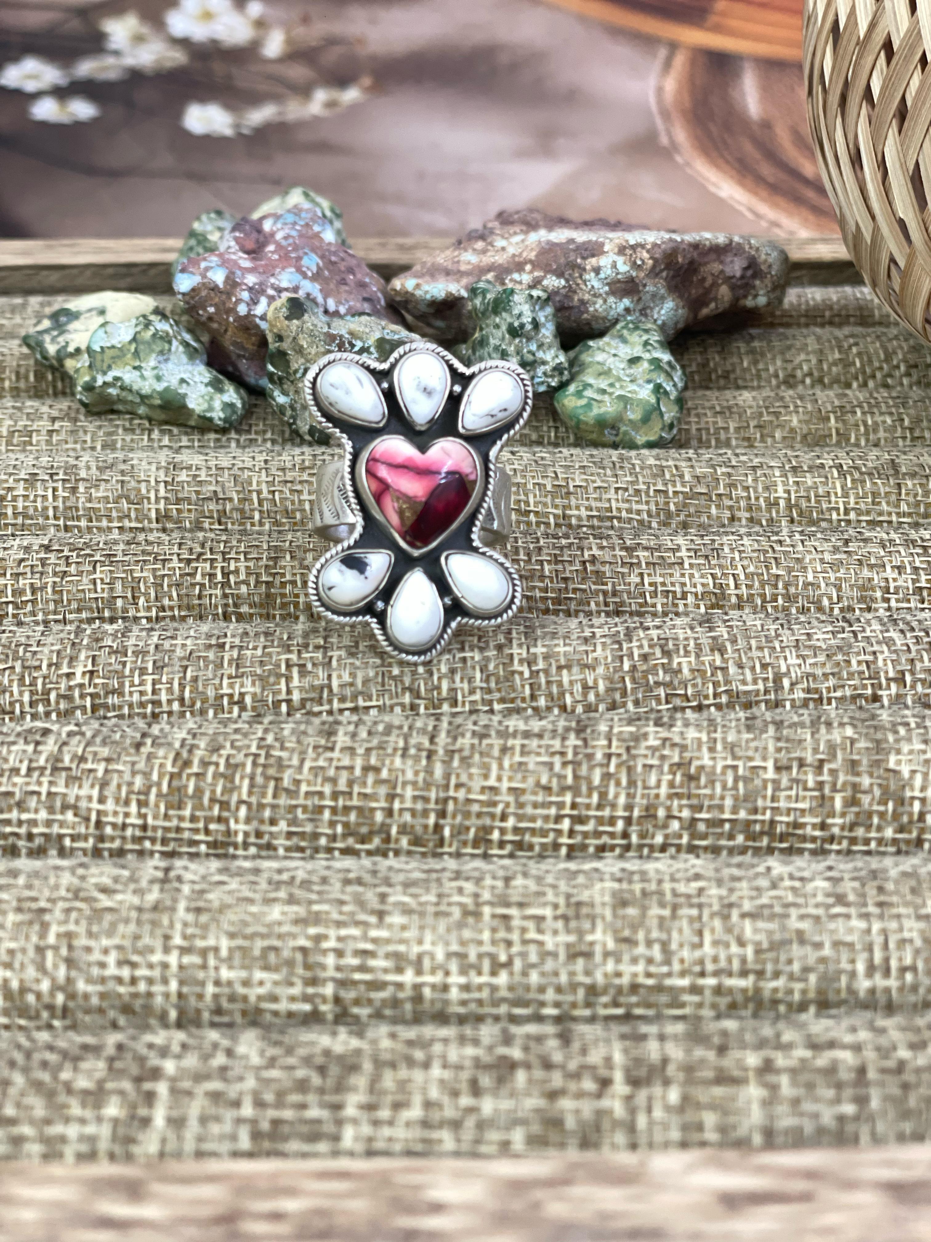 Handmade Sterling Silver Dahlia Rose with White Buffalo Turquoise Adjustable Ring, Signed Nizhoni