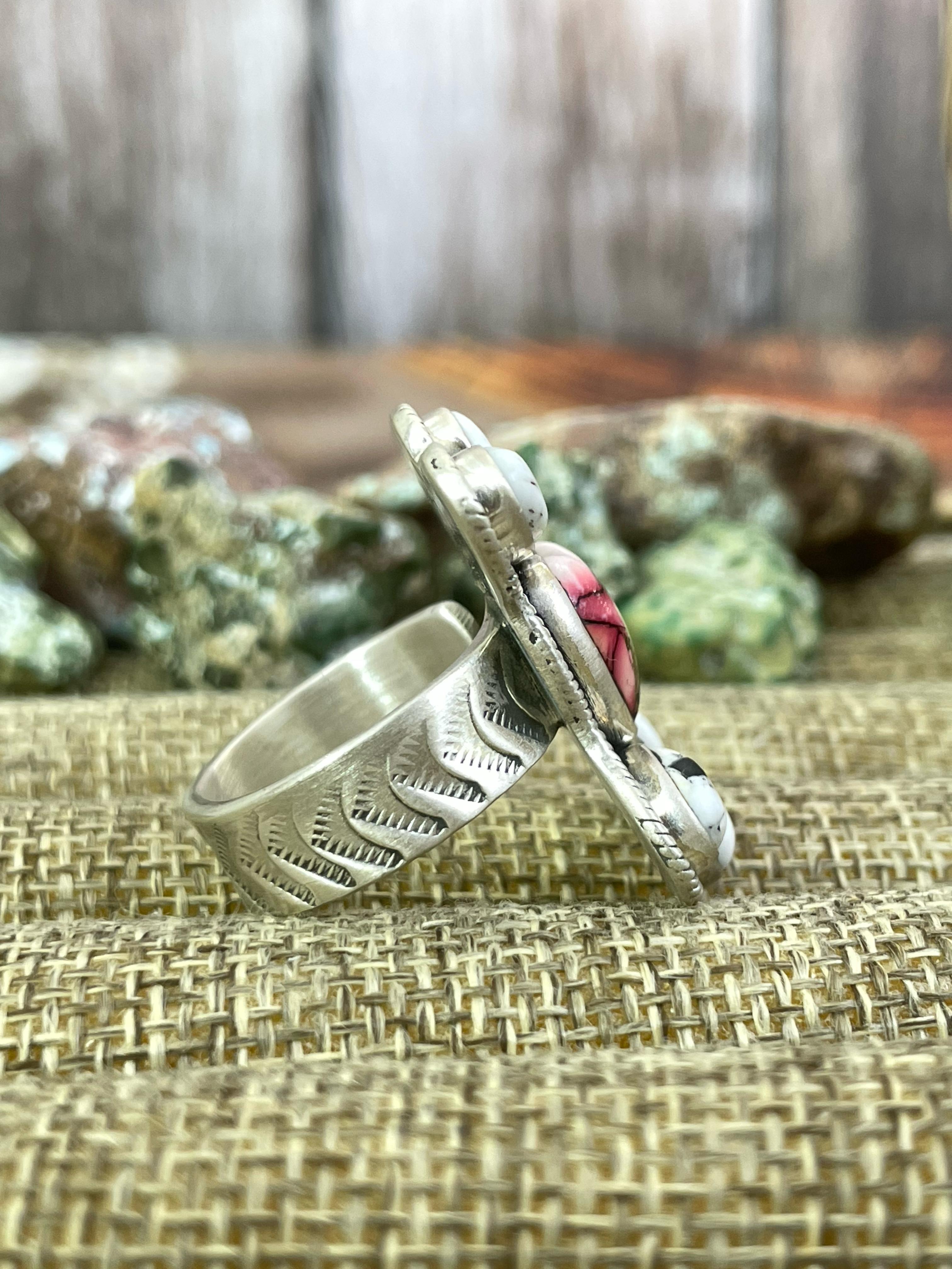Handmade Sterling Silver Dahlia Rose with White Buffalo Turquoise Adjustable Ring, Signed Nizhoni