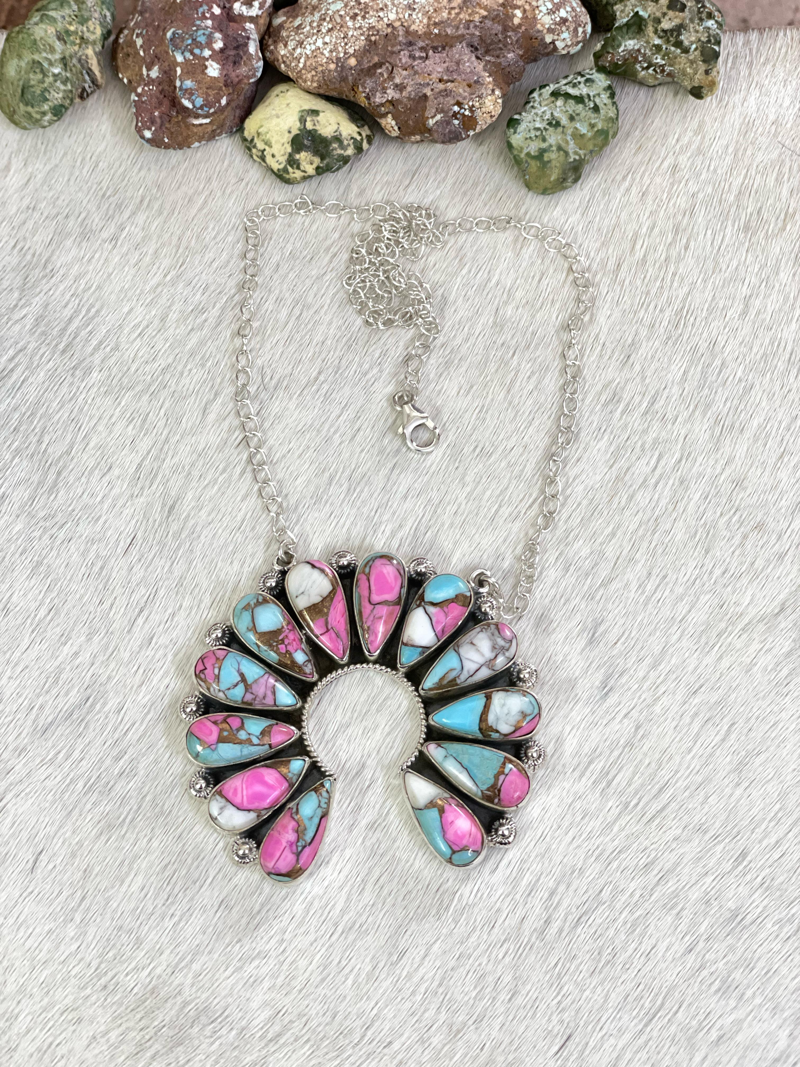 Handmade Sterling Silver Cotton Candy Turquoise Necklace with Signed Nizhoni.