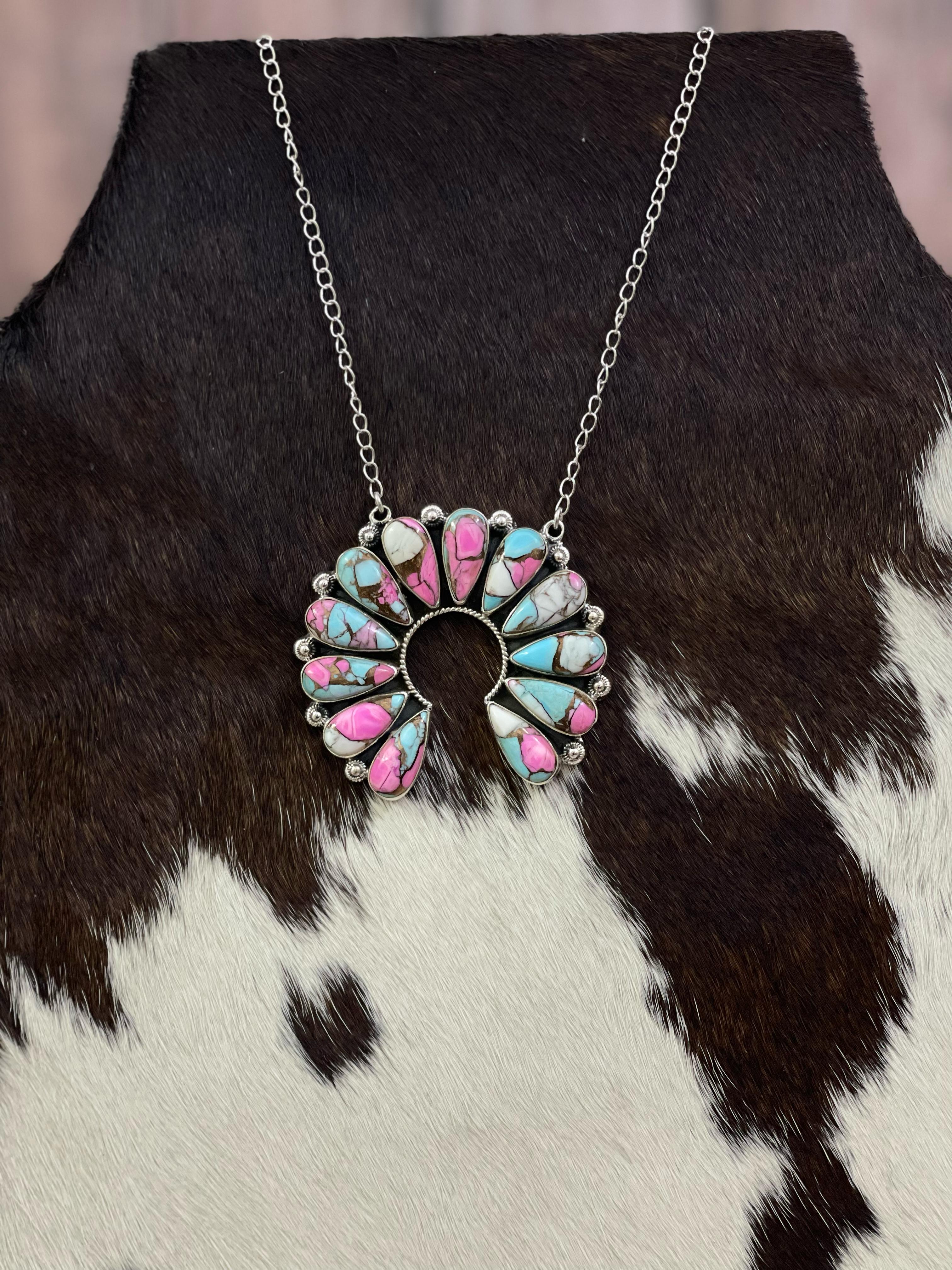 Handmade Sterling Silver Cotton Candy Turquoise Necklace with Signed Nizhoni.