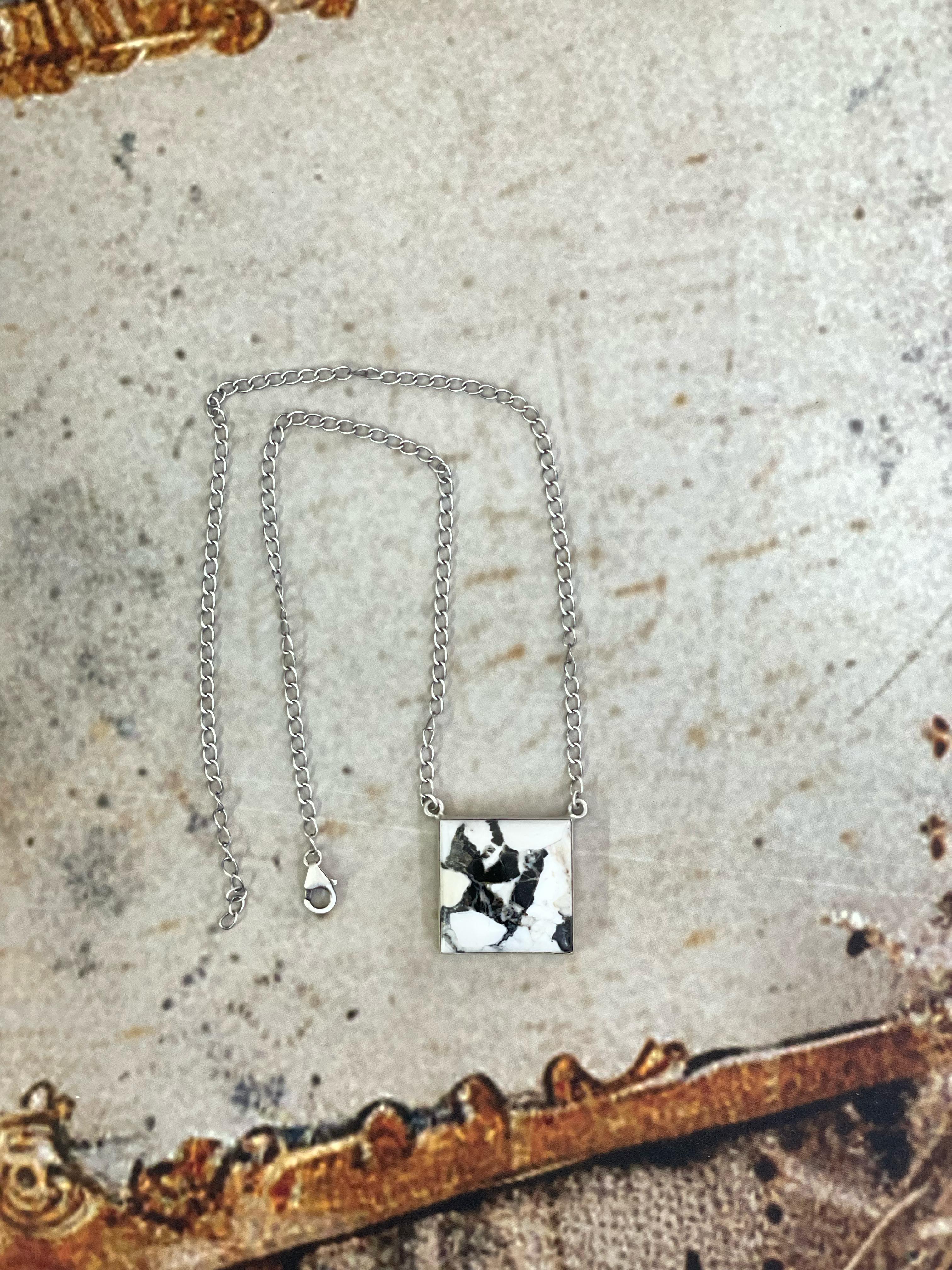 Handmade Sterling Silver White Buffalo Turquoise Necklace with Signed Nizhoni