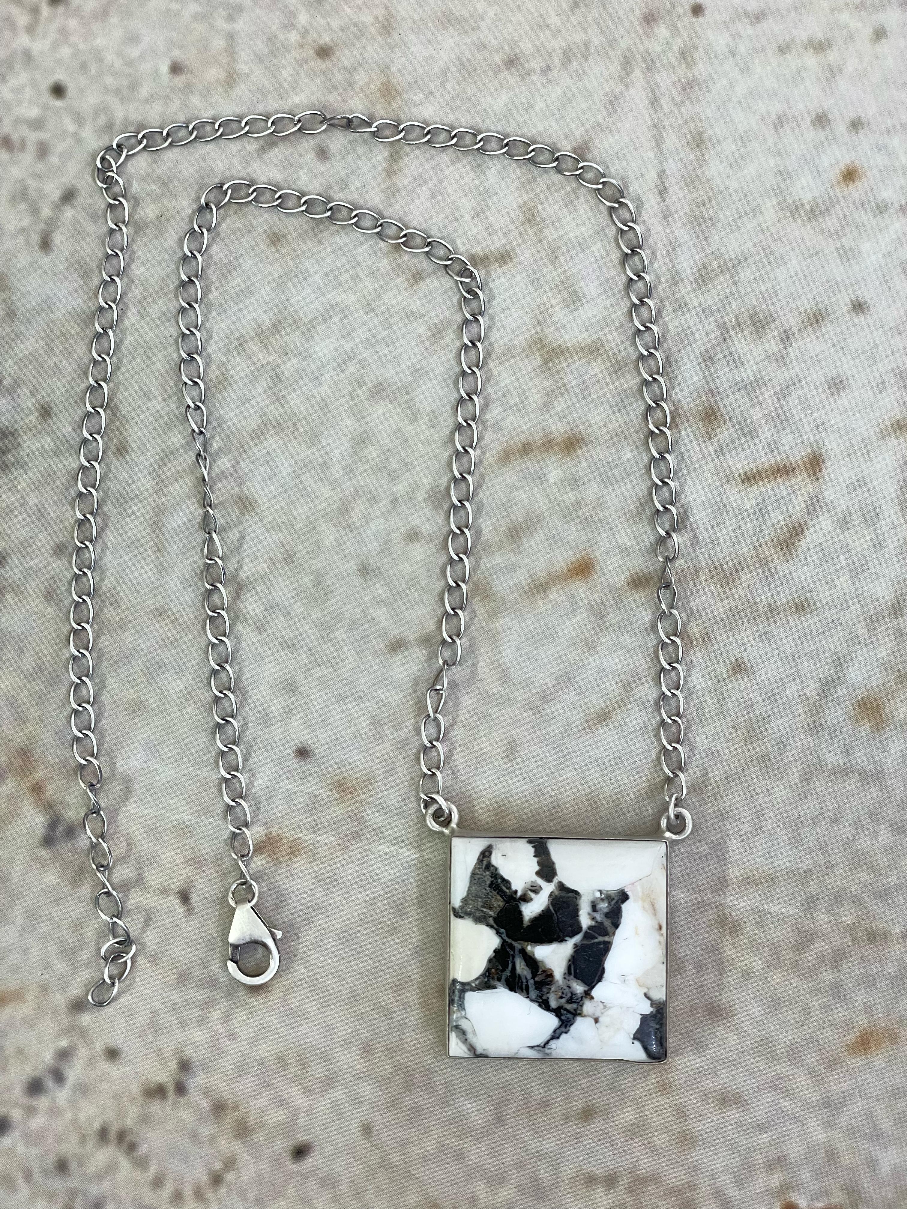 Handmade Sterling Silver White Buffalo Turquoise Necklace with Signed Nizhoni