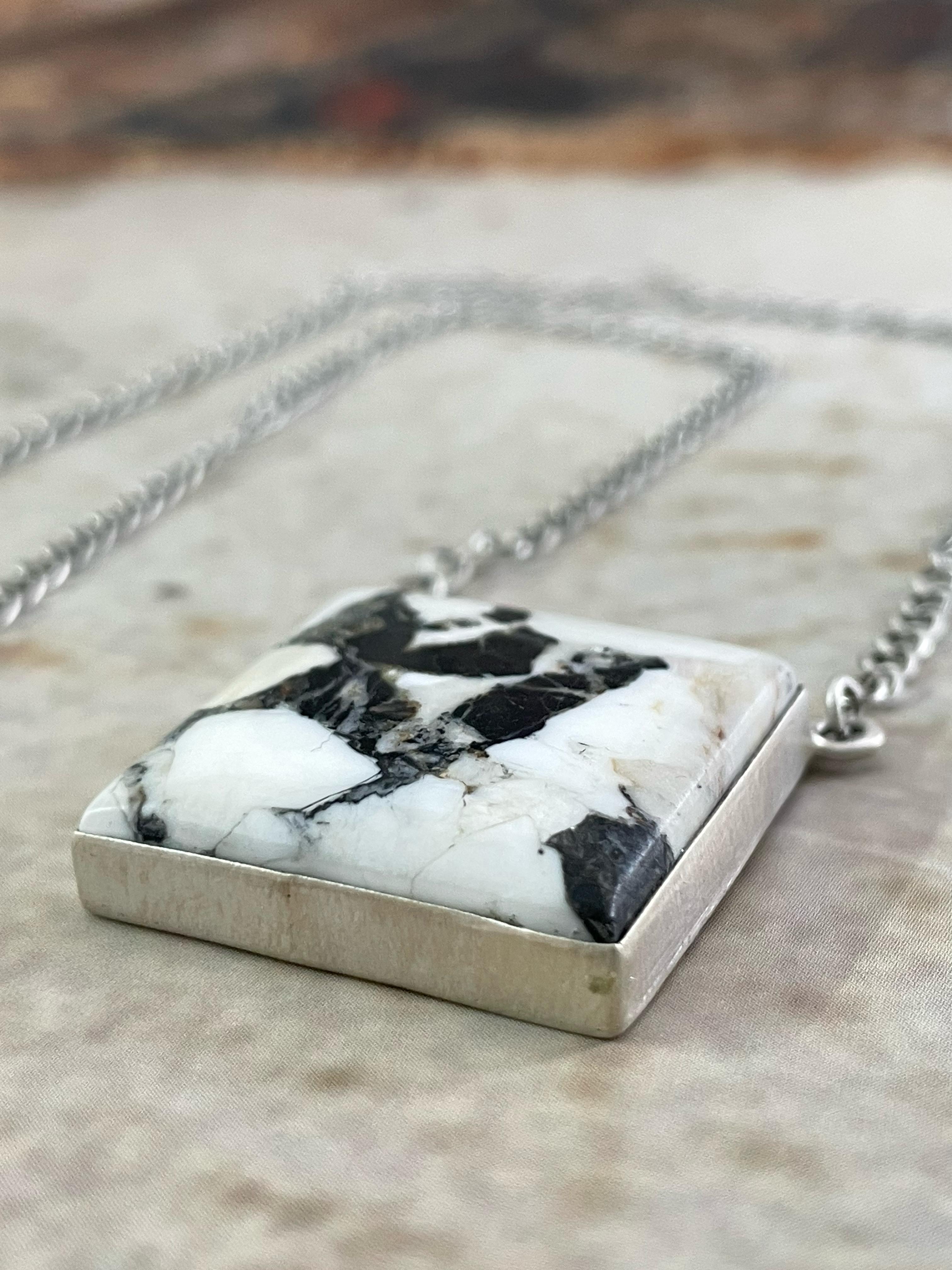 Handmade Sterling Silver White Buffalo Turquoise Necklace with Signed Nizhoni