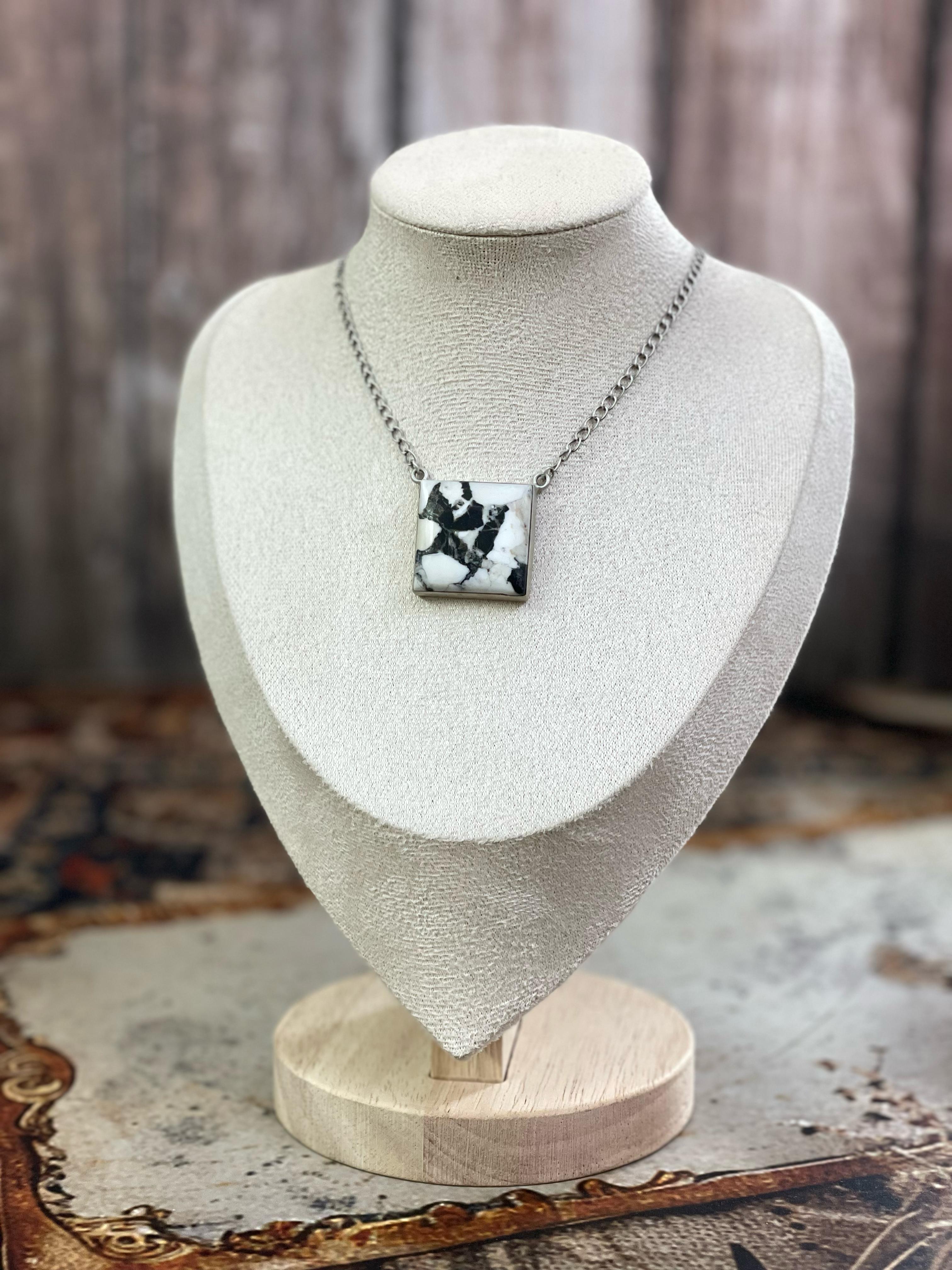 Handmade Sterling Silver White Buffalo Turquoise Necklace with Signed Nizhoni