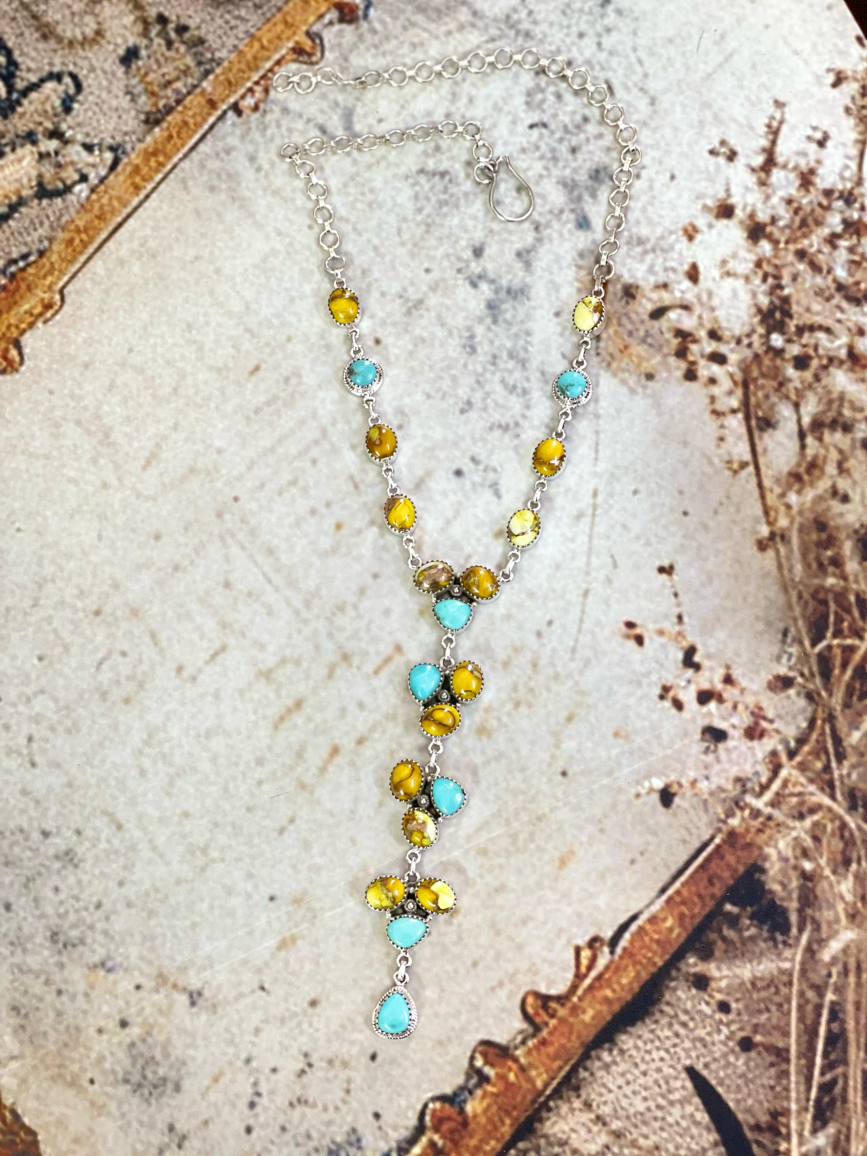 Handmade Sterling Silver Honey Dahlia with Kingman Turquoise Necklace with Signed Nizhoni